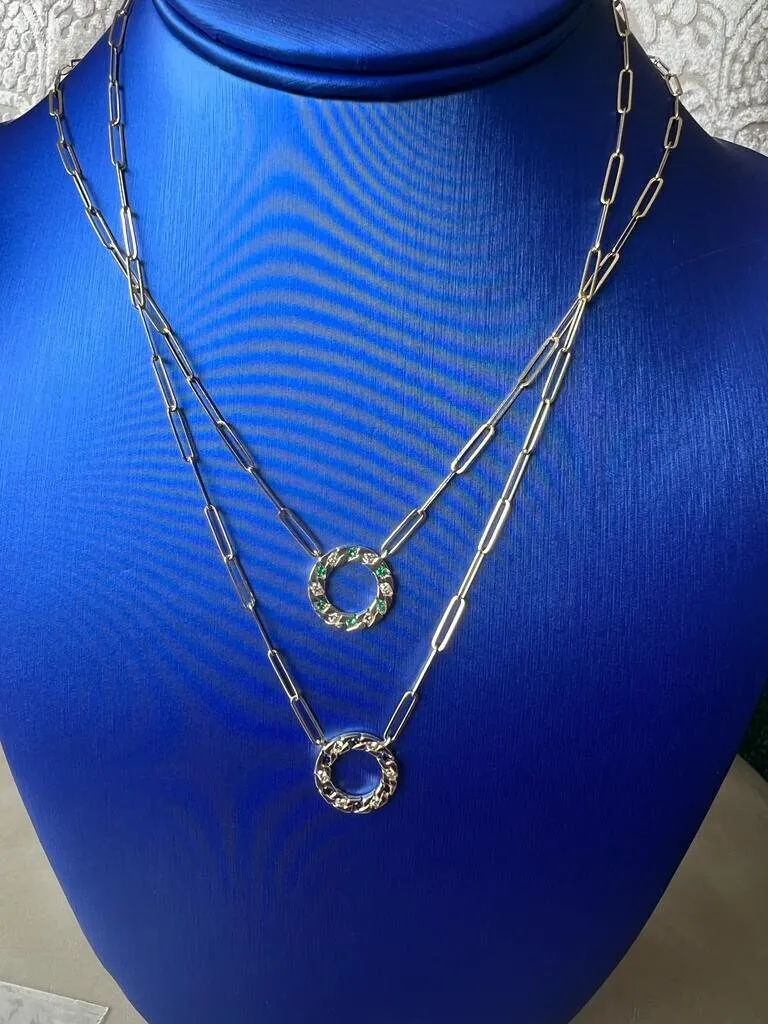 0.35 ct Sapphire Diamond Circle of Life Pendant Necklace, 14k Gold Diamond PaperClip Link Adjustable Chain Necklace for Women | Pav Setting