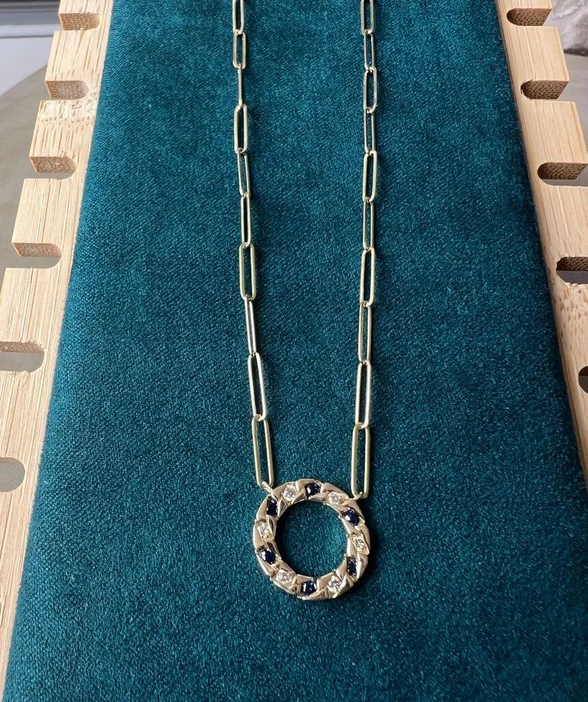 0.35 ct Sapphire Diamond Circle of Life Pendant Necklace, 14k Gold Diamond PaperClip Link Adjustable Chain Necklace for Women | Pav Setting