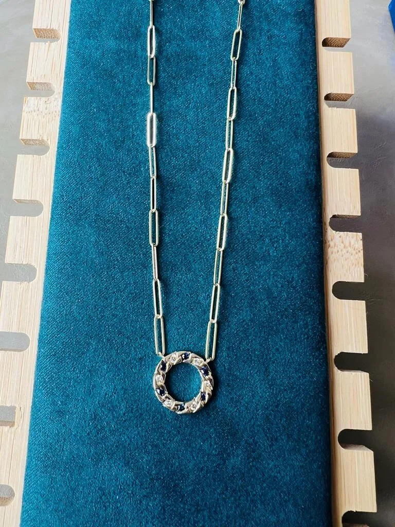 0.35 ct Sapphire Diamond Circle of Life Pendant Necklace, 14k Gold Diamond PaperClip Link Adjustable Chain Necklace for Women | Pav Setting