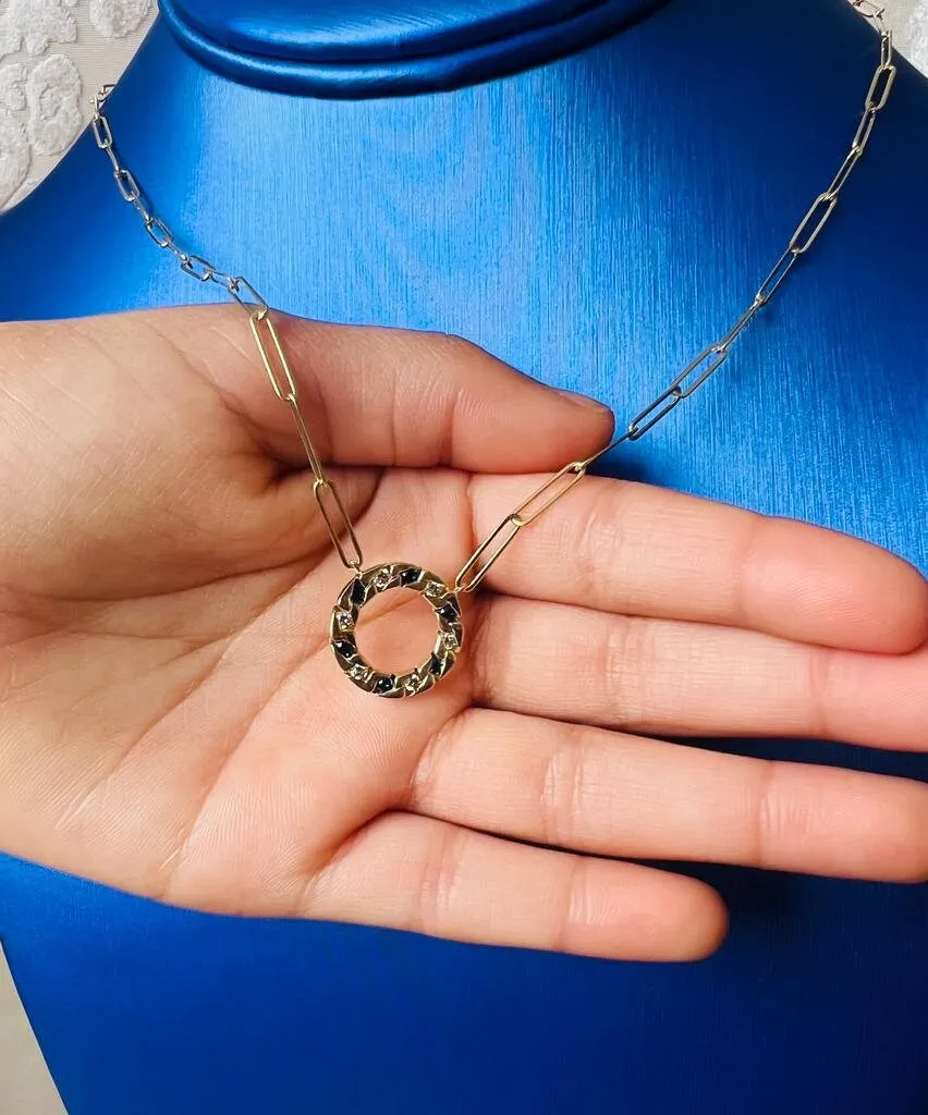 0.35 ct Sapphire Diamond Circle of Life Pendant Necklace, 14k Gold Diamond PaperClip Link Adjustable Chain Necklace for Women | Pav Setting