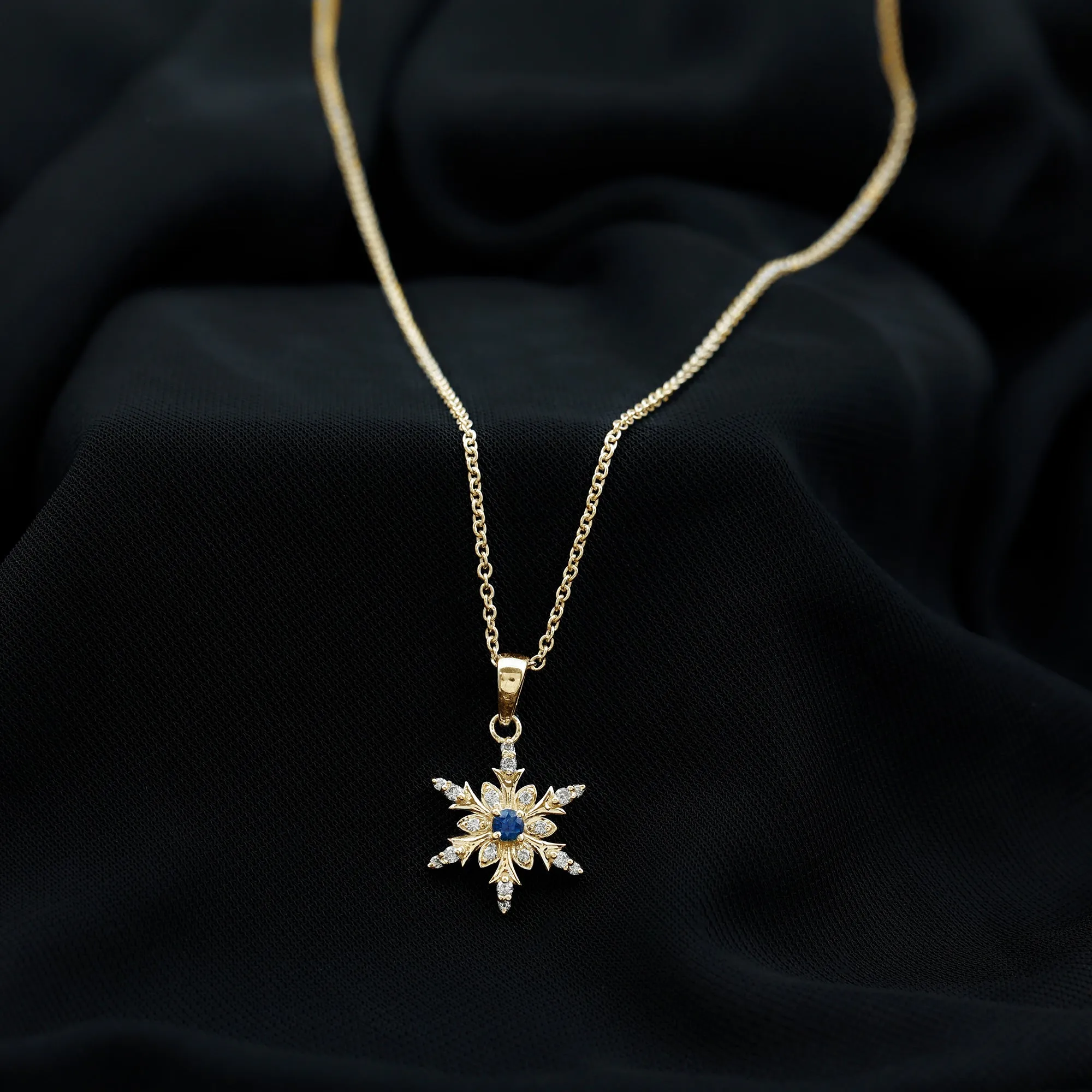 0.5 CT Contemporary Blue Sapphire and Diamond Snowflake Pendant Necklace