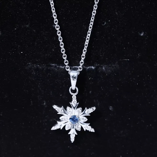 0.5 CT Contemporary Blue Sapphire and Diamond Snowflake Pendant Necklace