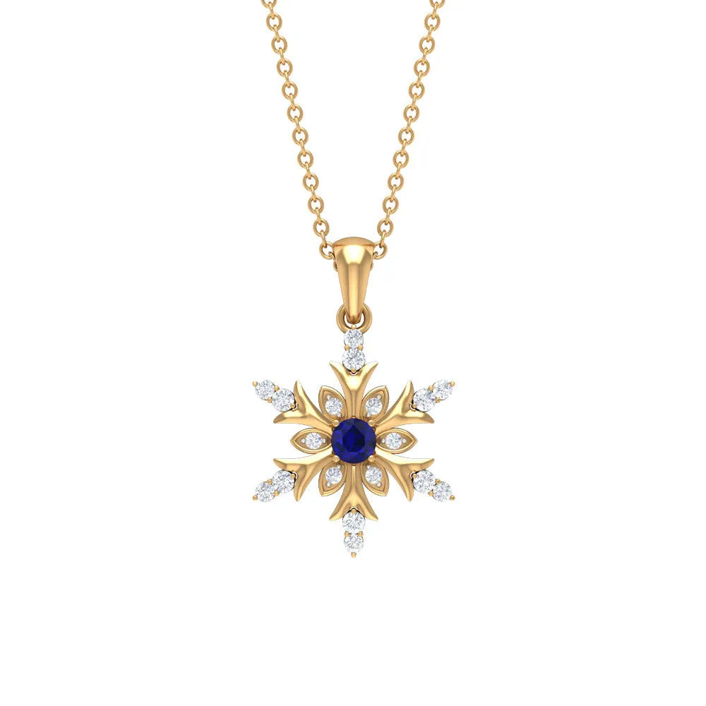 0.5 CT Contemporary Blue Sapphire and Diamond Snowflake Pendant Necklace
