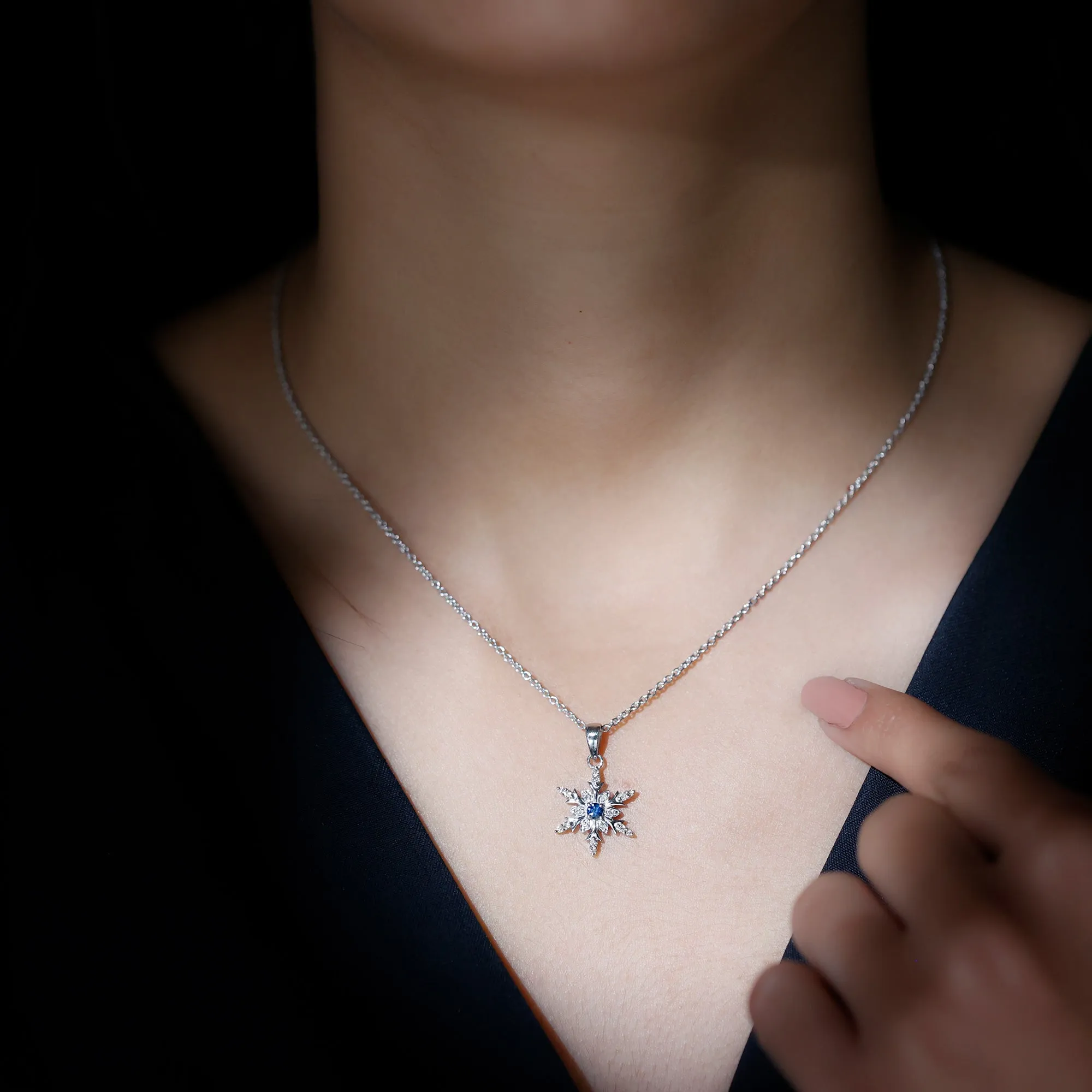 0.5 CT Contemporary Blue Sapphire and Diamond Snowflake Pendant Necklace