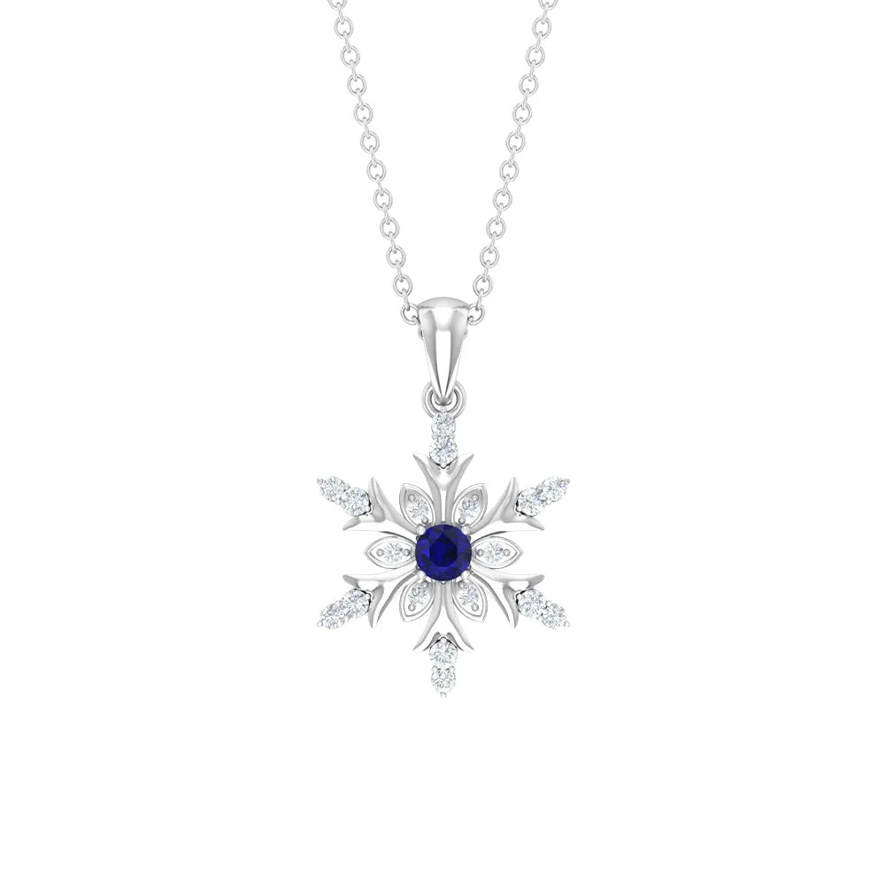 0.5 CT Contemporary Blue Sapphire and Diamond Snowflake Pendant Necklace