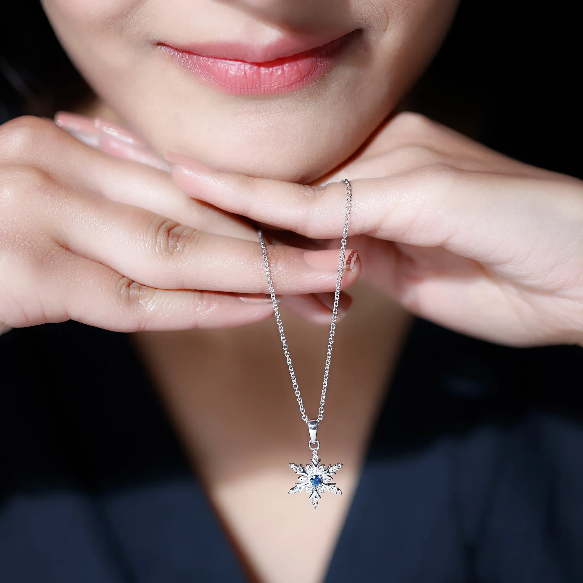 0.5 CT Contemporary Blue Sapphire and Diamond Snowflake Pendant Necklace