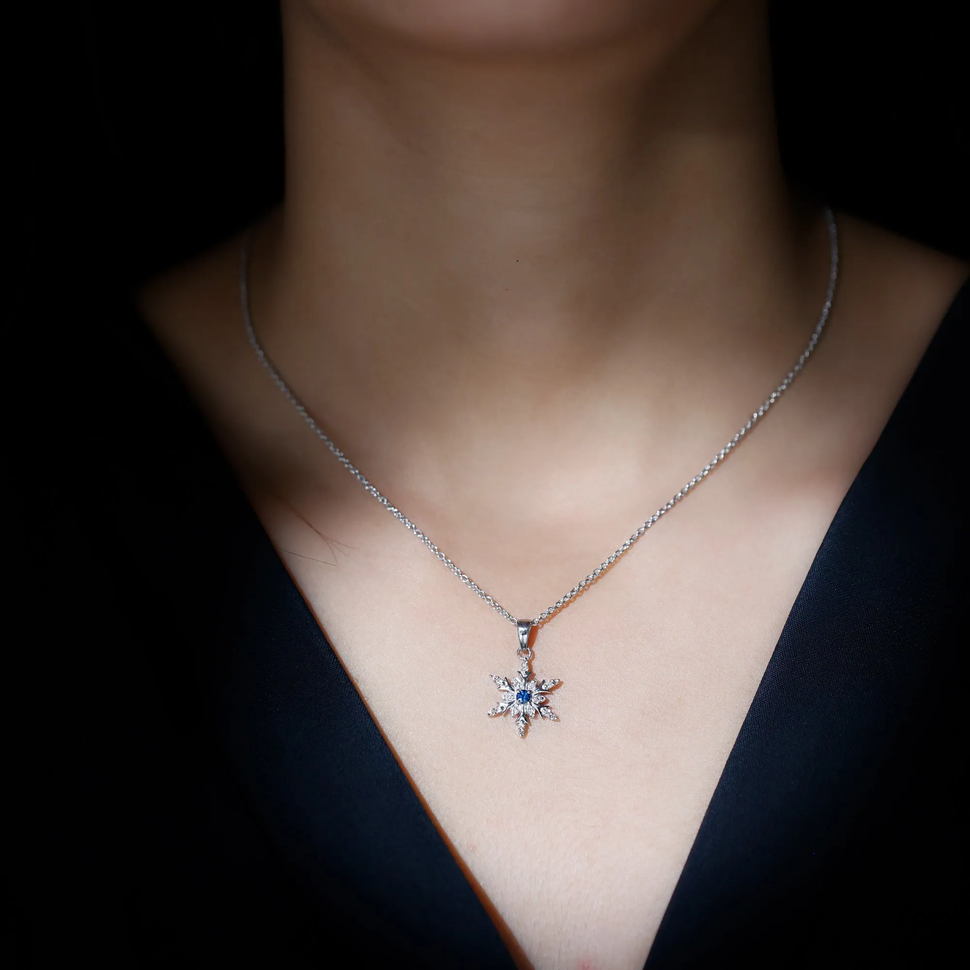0.5 CT Contemporary Blue Sapphire and Diamond Snowflake Pendant Necklace