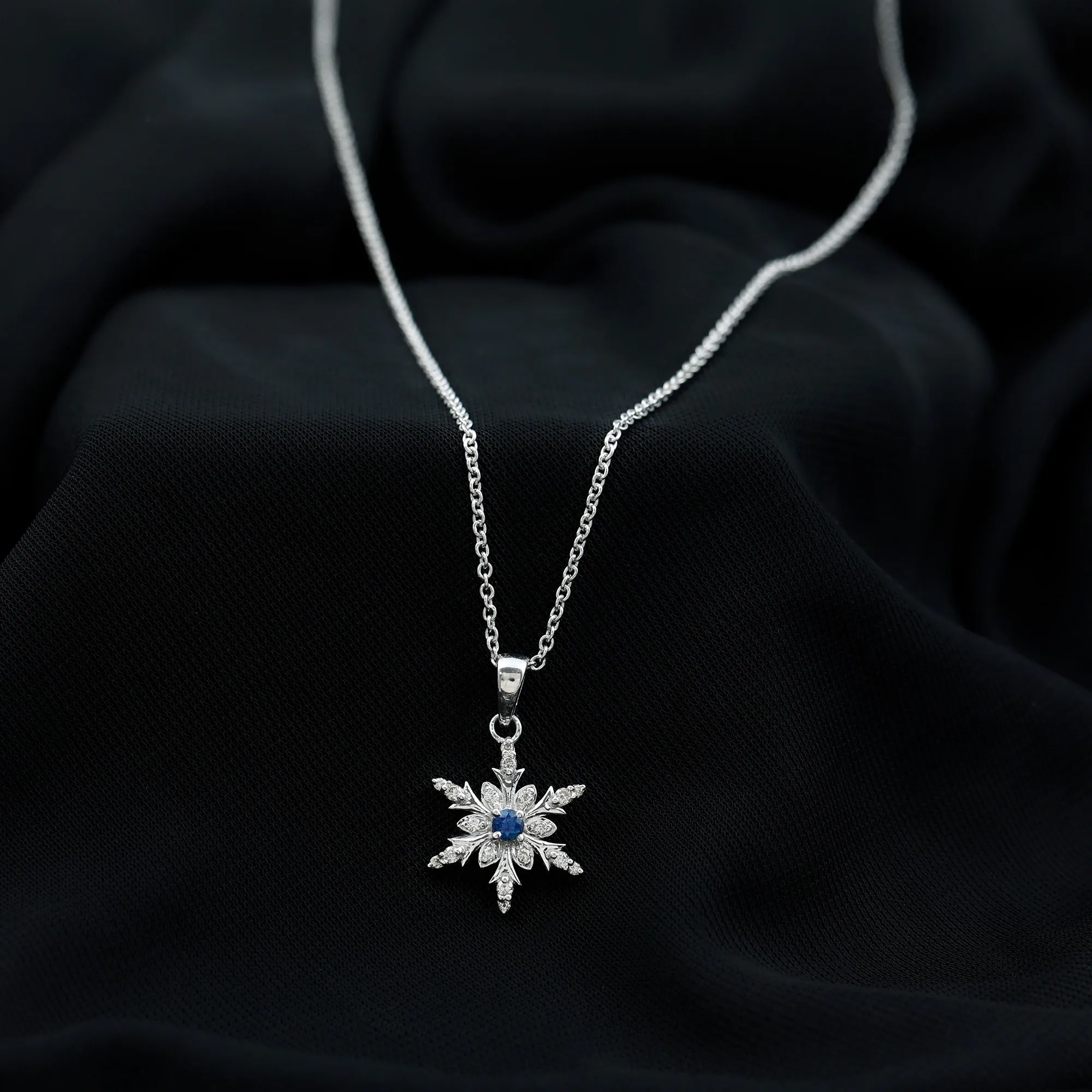 0.5 CT Contemporary Blue Sapphire and Diamond Snowflake Pendant Necklace