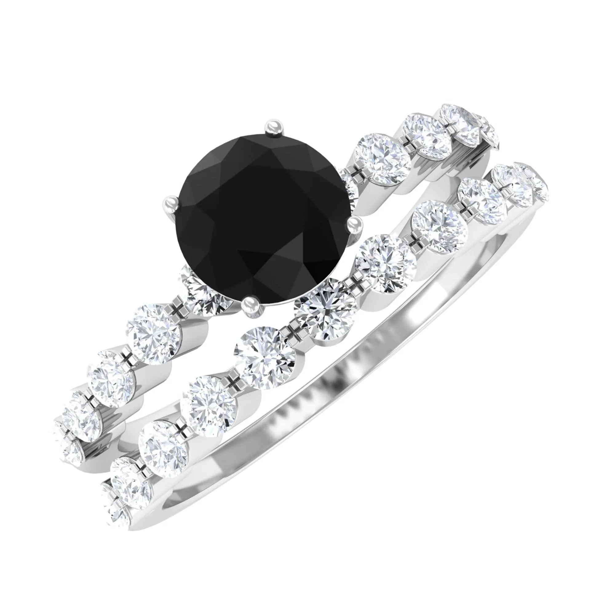 1.25 CT Minimal Black Onyx and Diamond Bridal Ring Set in Gold