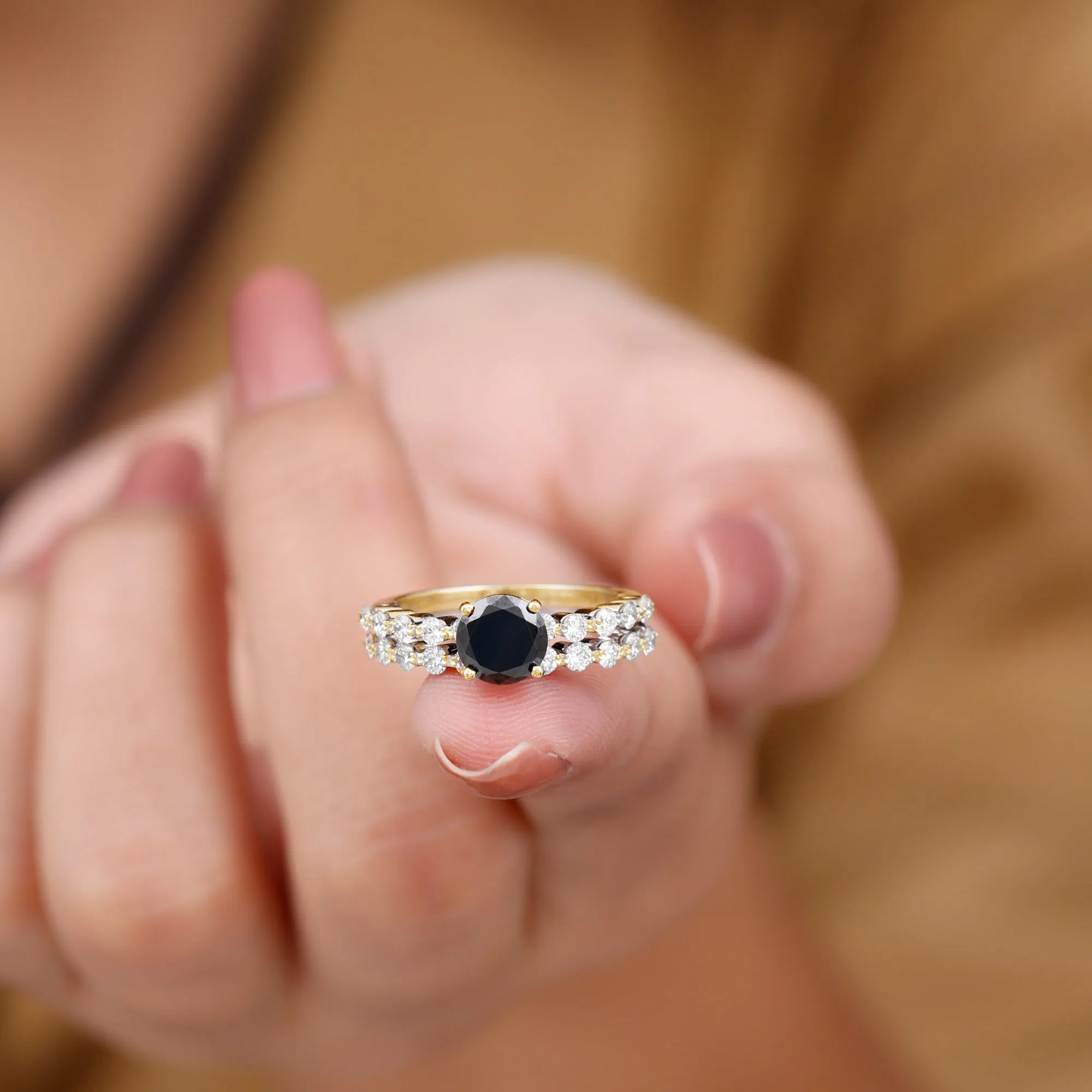 1.25 CT Minimal Black Onyx and Diamond Bridal Ring Set in Gold