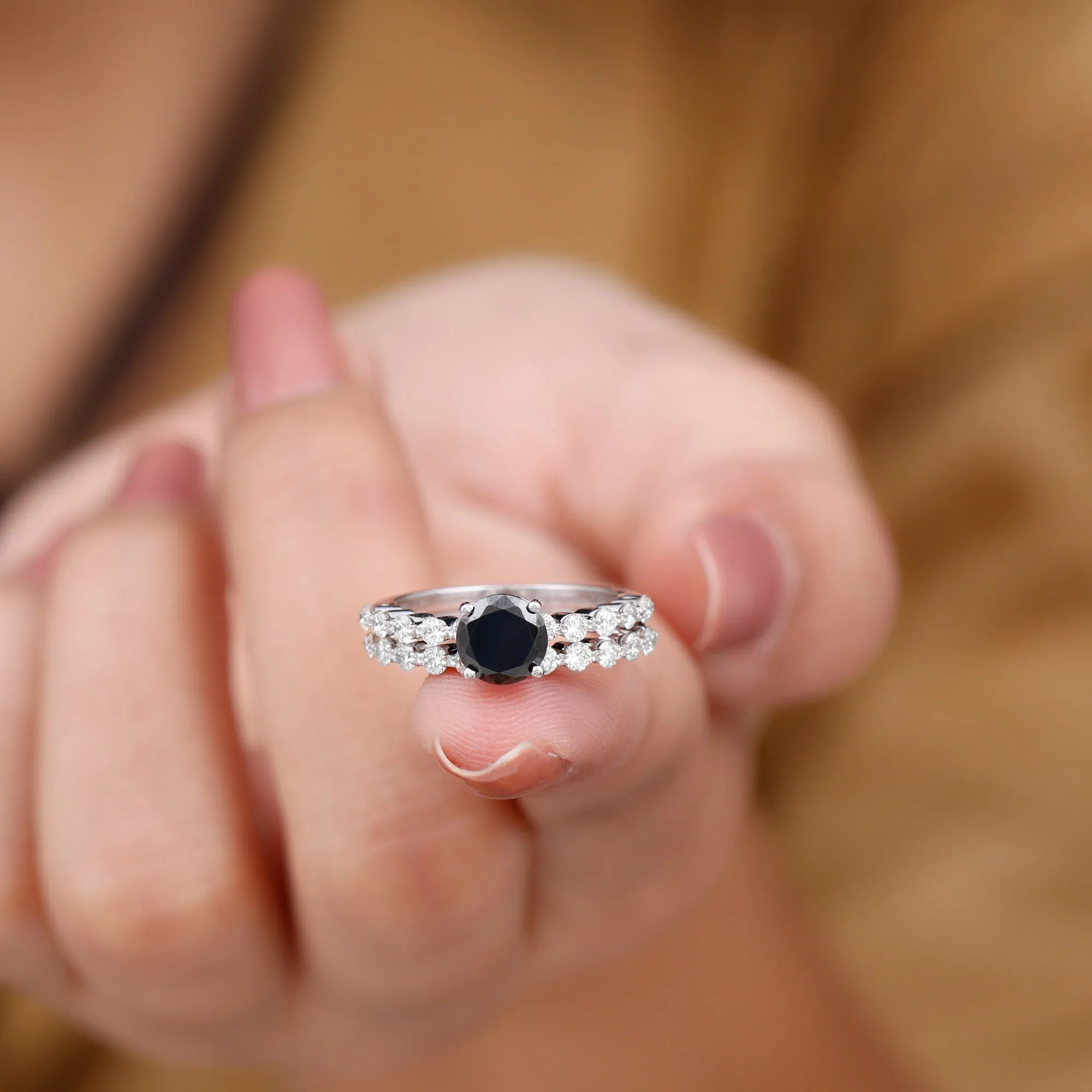1.25 CT Minimal Black Onyx and Diamond Bridal Ring Set in Gold