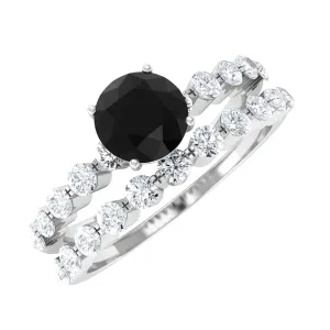 1.25 CT Minimal Black Onyx and Diamond Bridal Ring Set in Gold