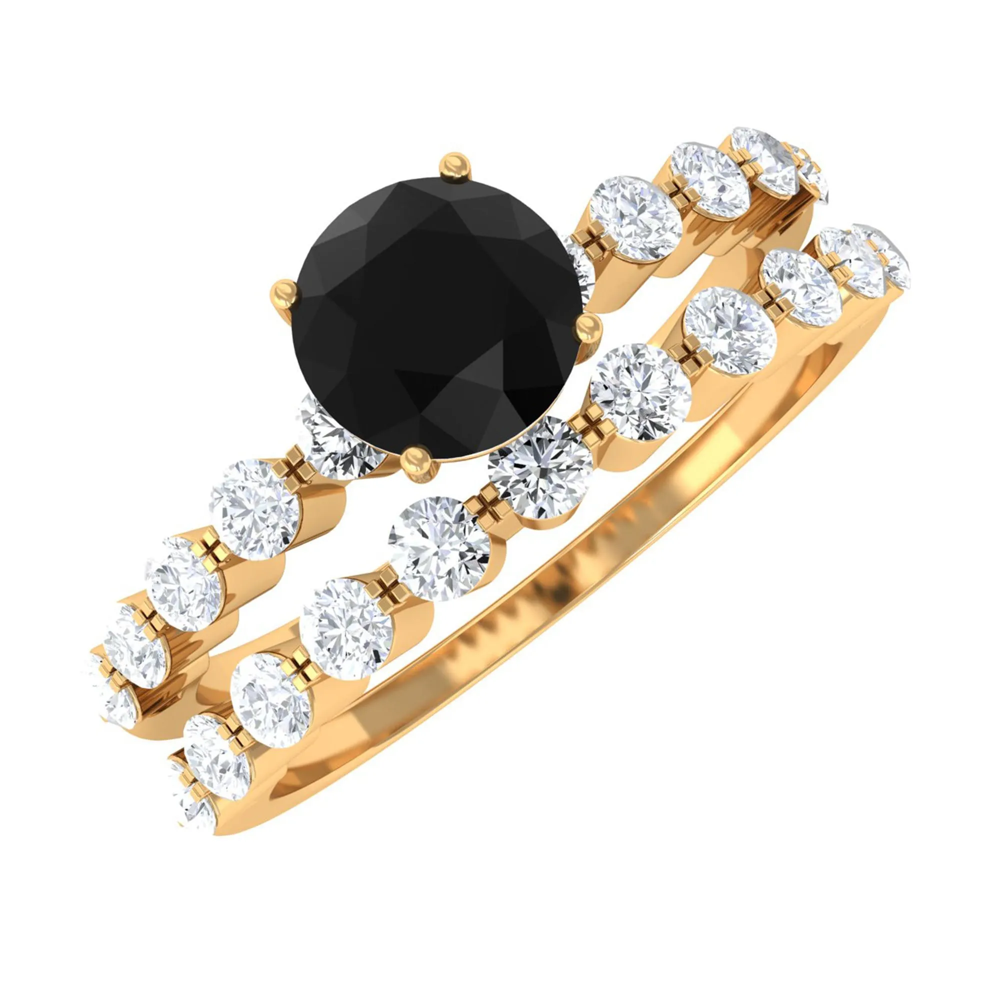 1.25 CT Minimal Black Onyx and Diamond Bridal Ring Set in Gold