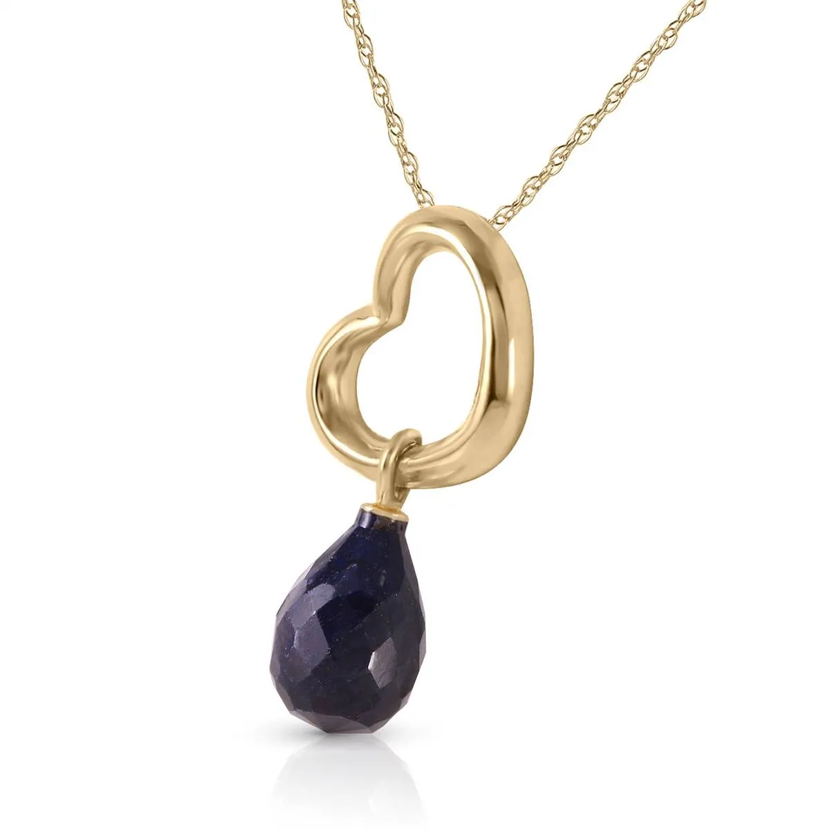 14K Solid Yellow Gold Heart Necklace w/ Dangling Natural Sapphire