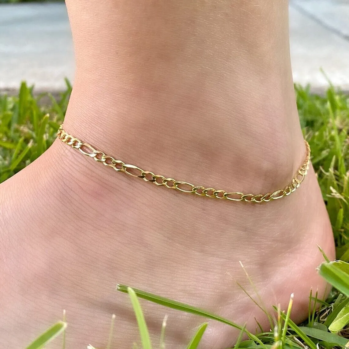 14K Yellow Gold 2.5mm Figaro Link Chain Anklet - 10" inch