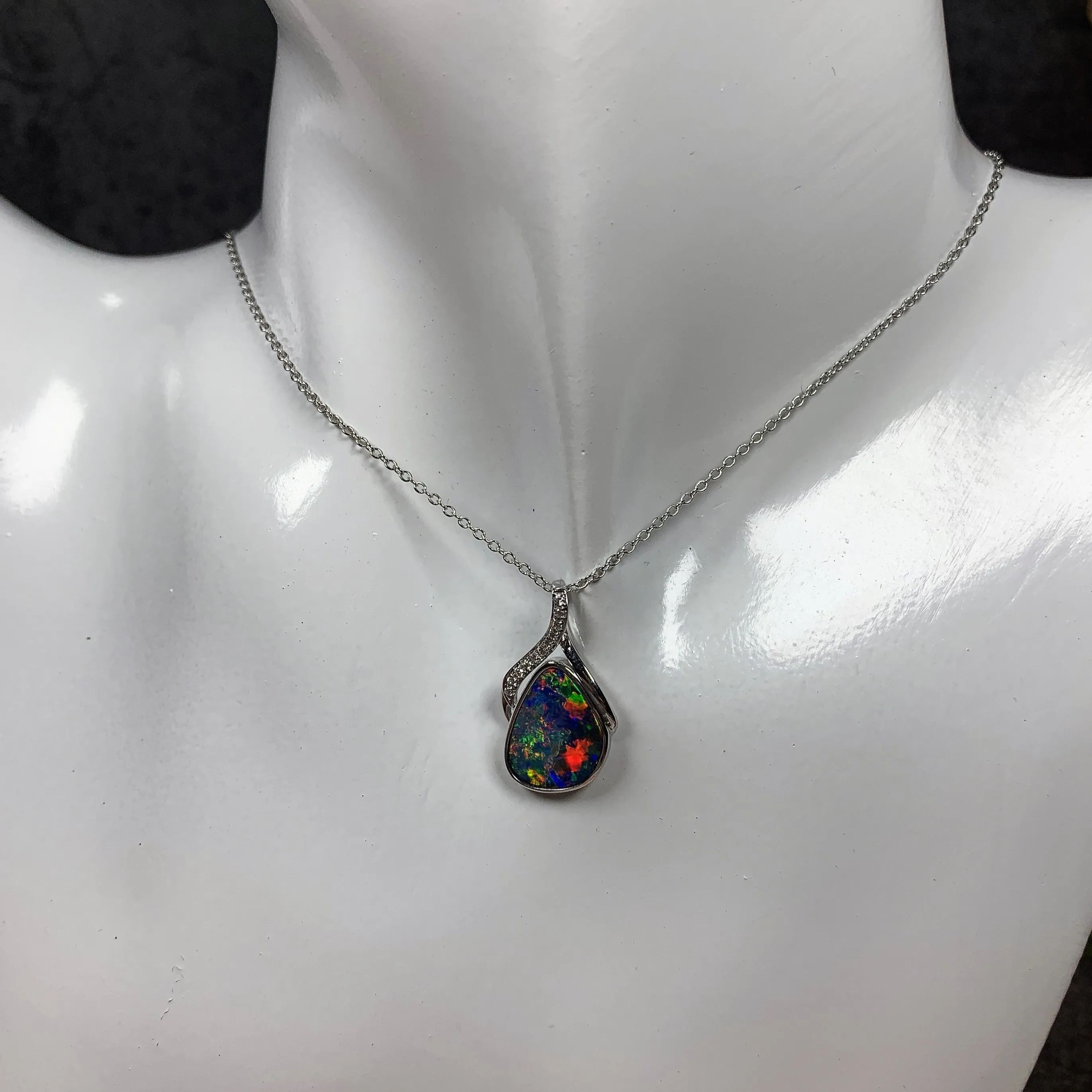 14kt White Gold Multi colour Opal 10x14mm and Diamond pendant