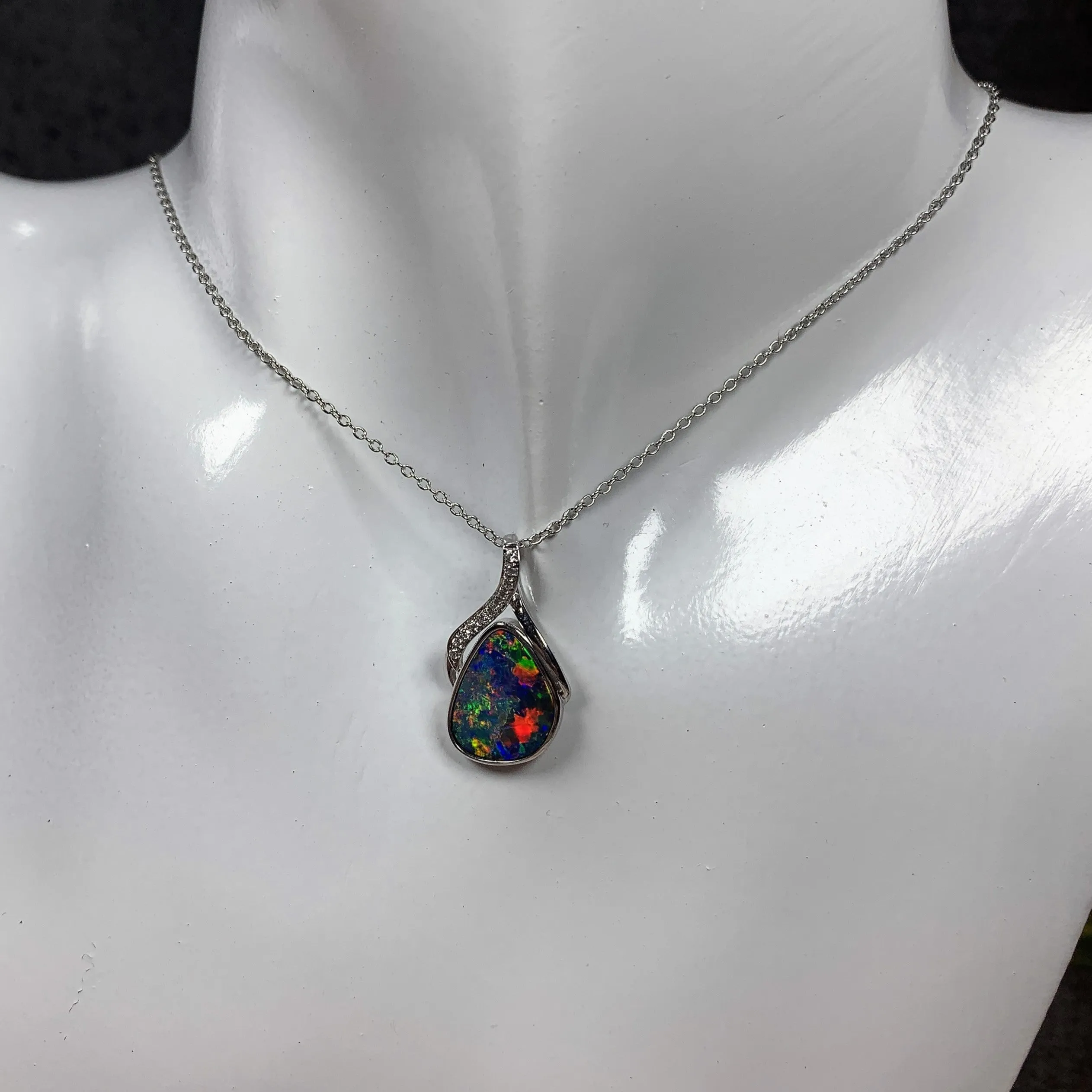 14kt White Gold Multi colour Opal 10x14mm and Diamond pendant