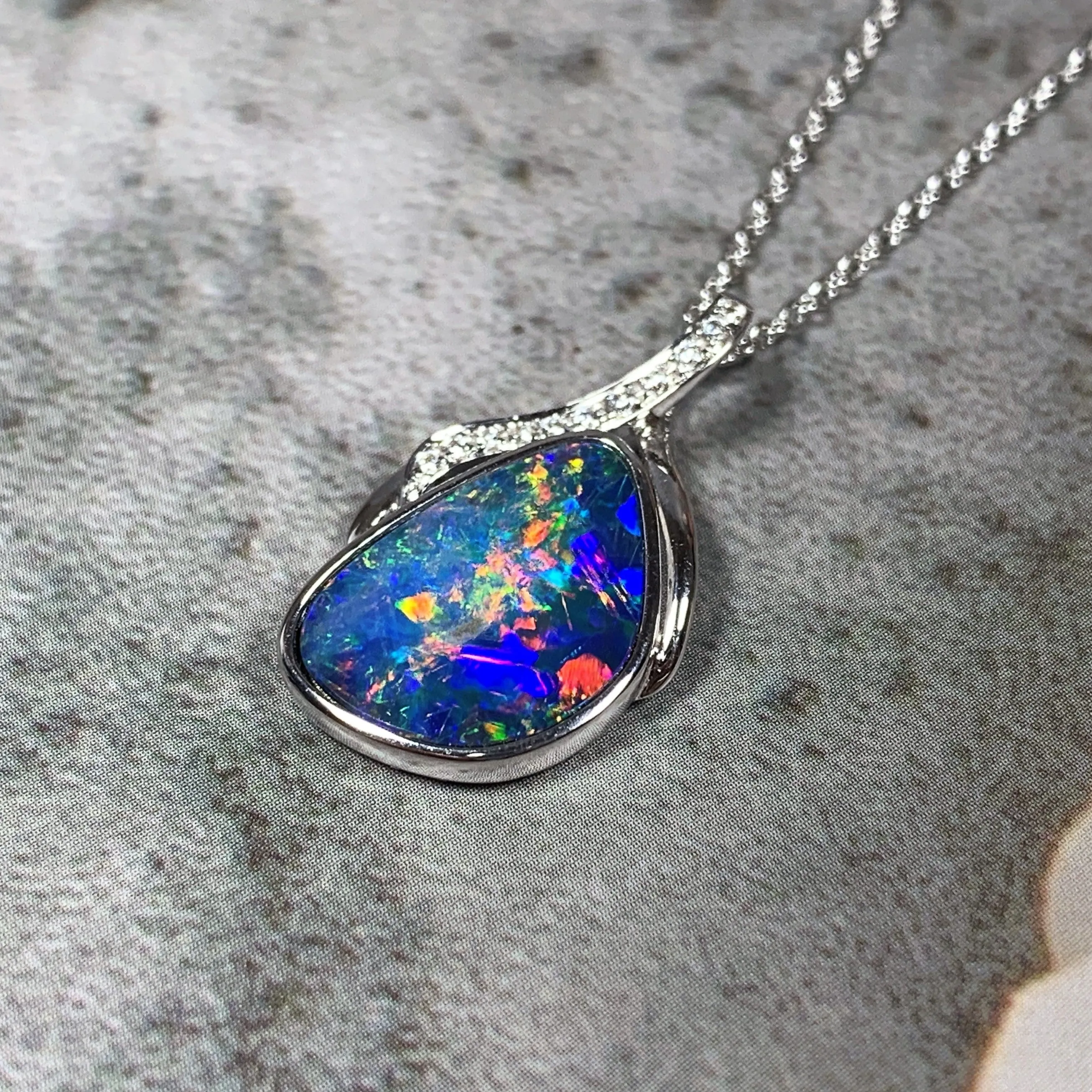 14kt White Gold Multi colour Opal 10x14mm and Diamond pendant
