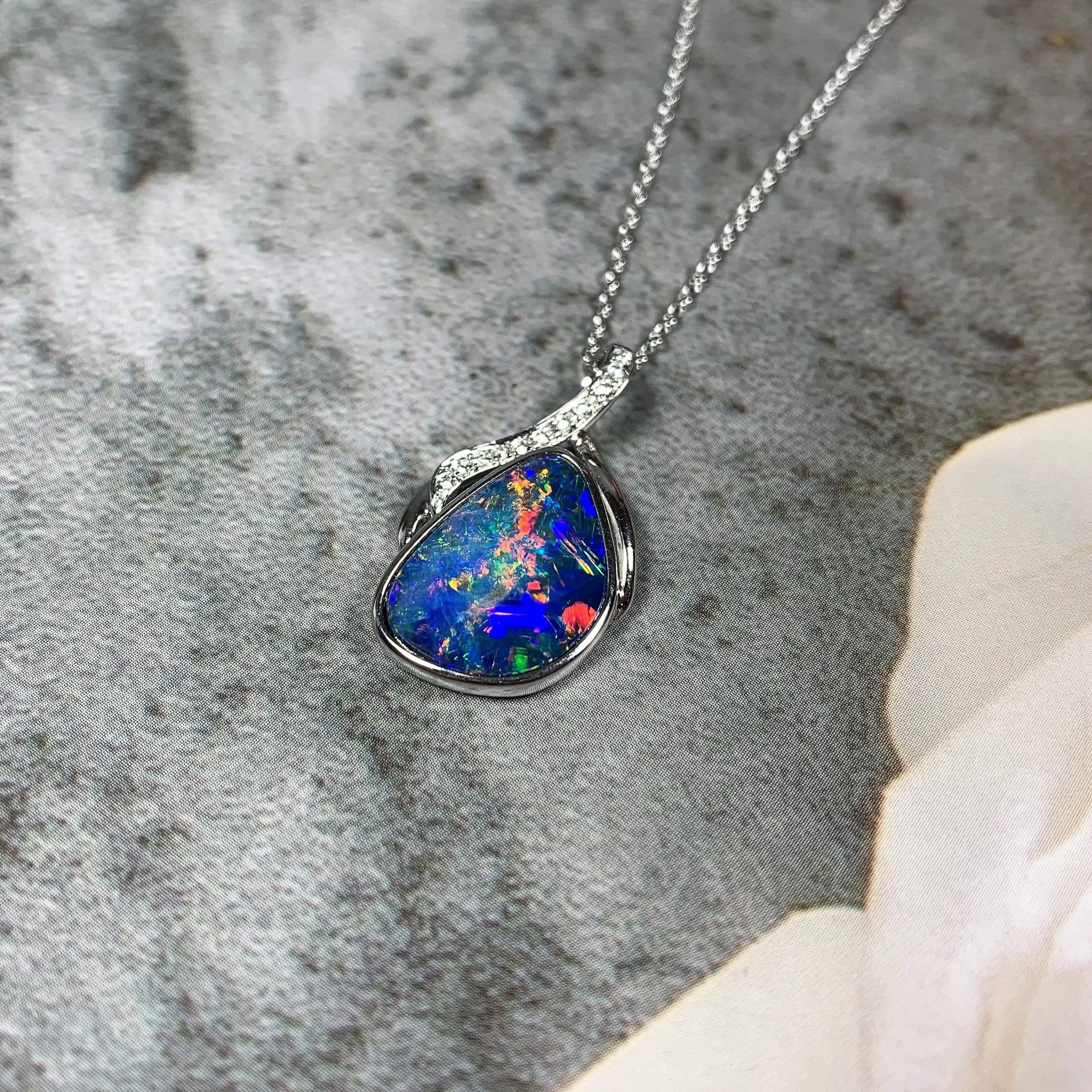 14kt White Gold Multi colour Opal 10x14mm and Diamond pendant