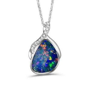 14kt White Gold Multi colour Opal 10x14mm and Diamond pendant