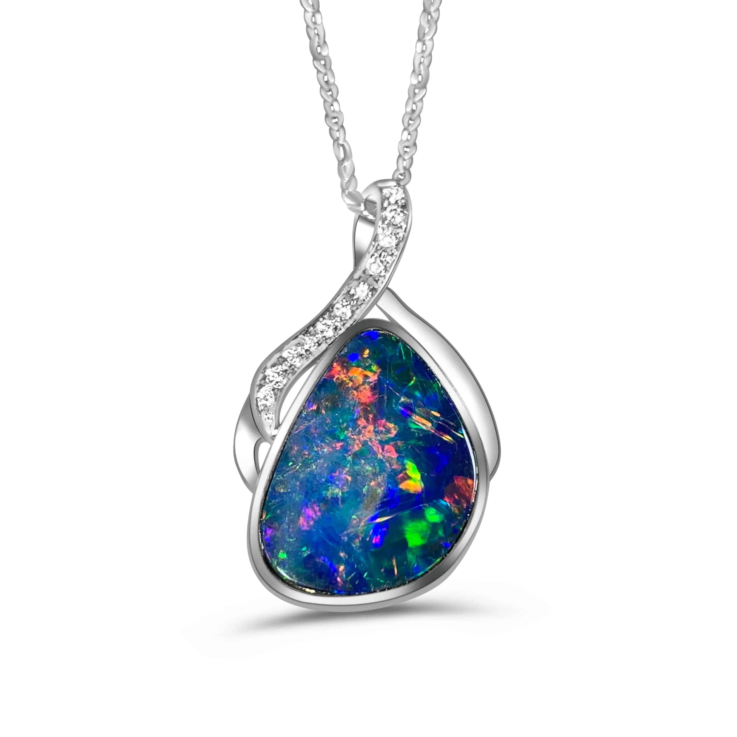 14kt White Gold Multi colour Opal 10x14mm and Diamond pendant