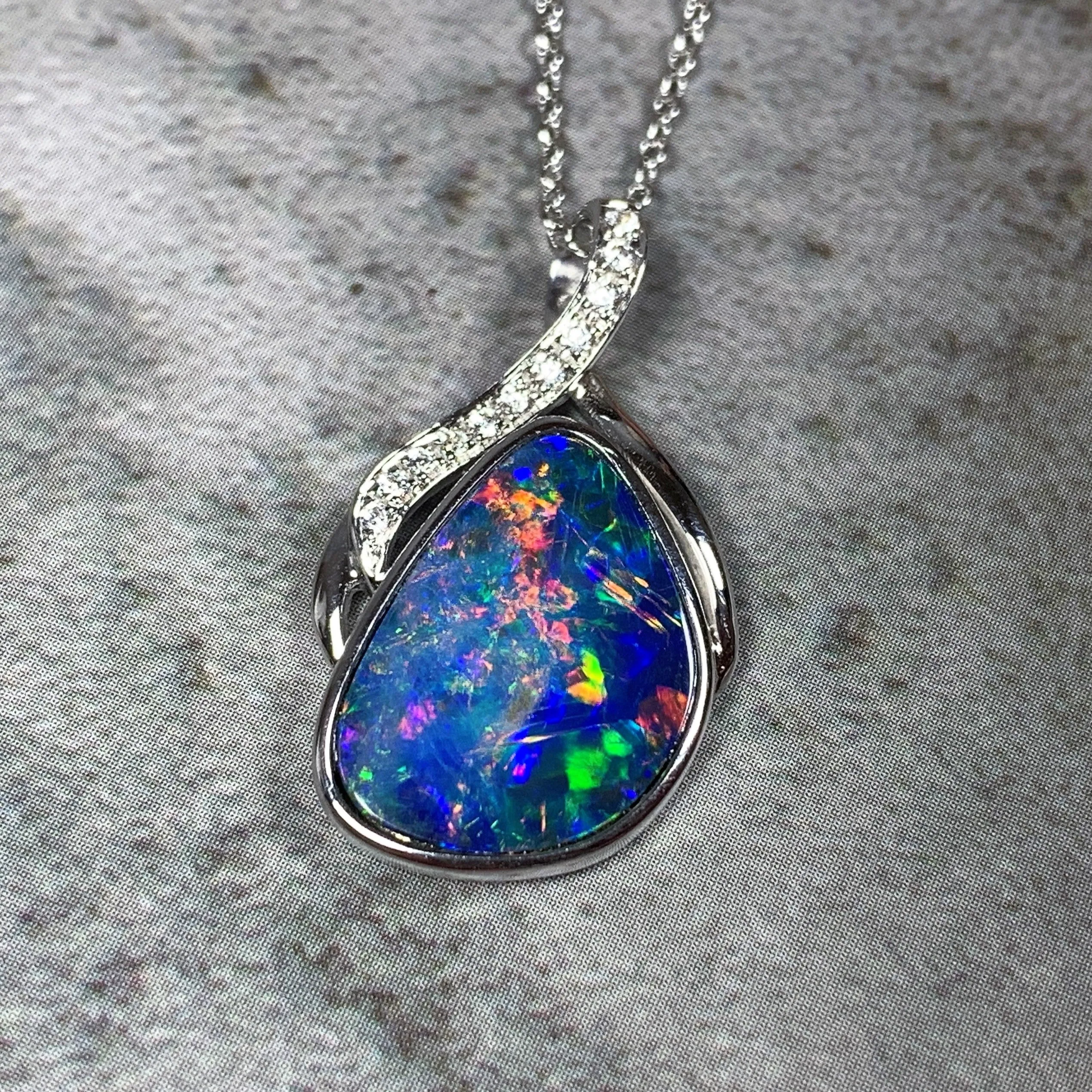 14kt White Gold Multi colour Opal 10x14mm and Diamond pendant