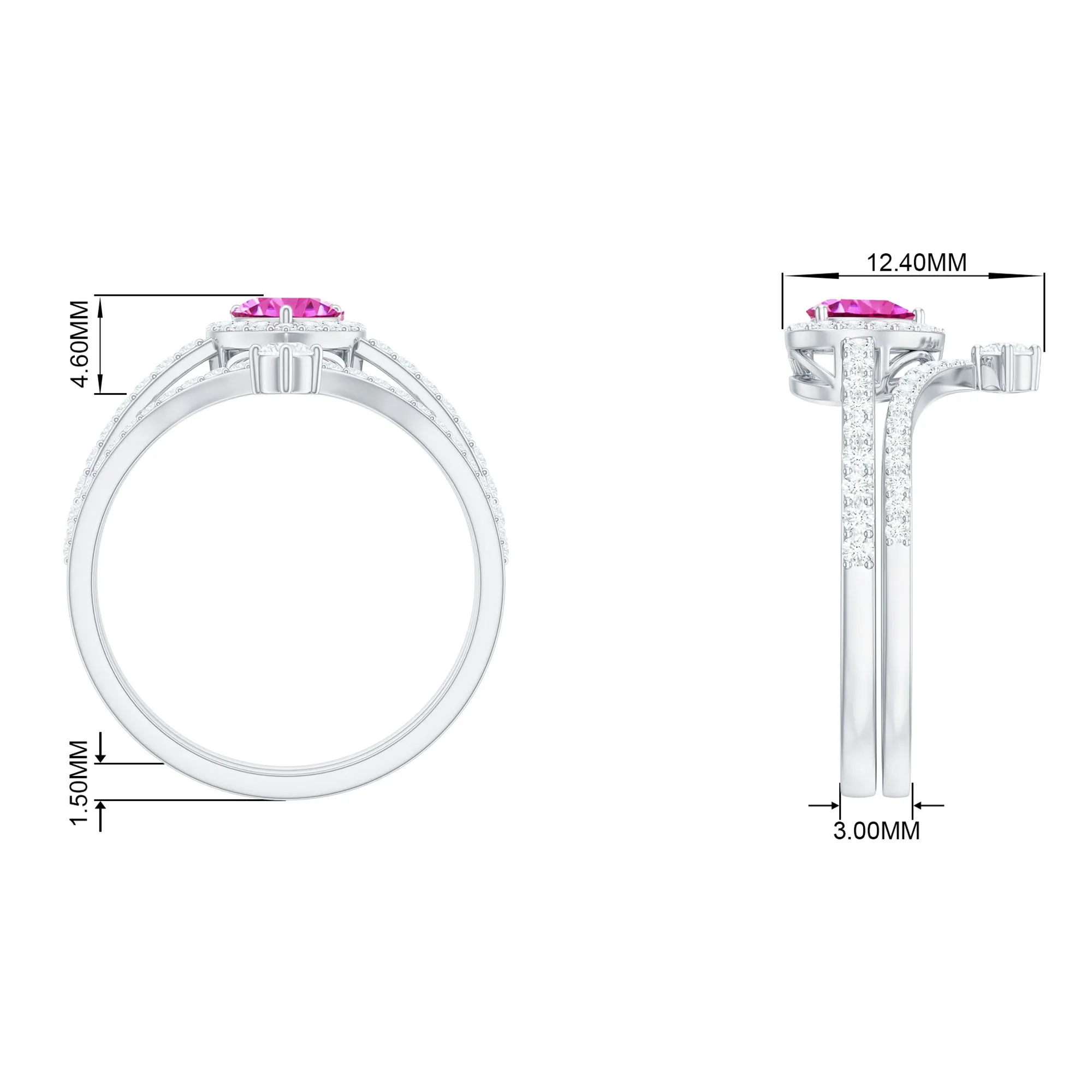 1.5 CT Heart Shape Created Pink Sapphire Ring Set with Diamond