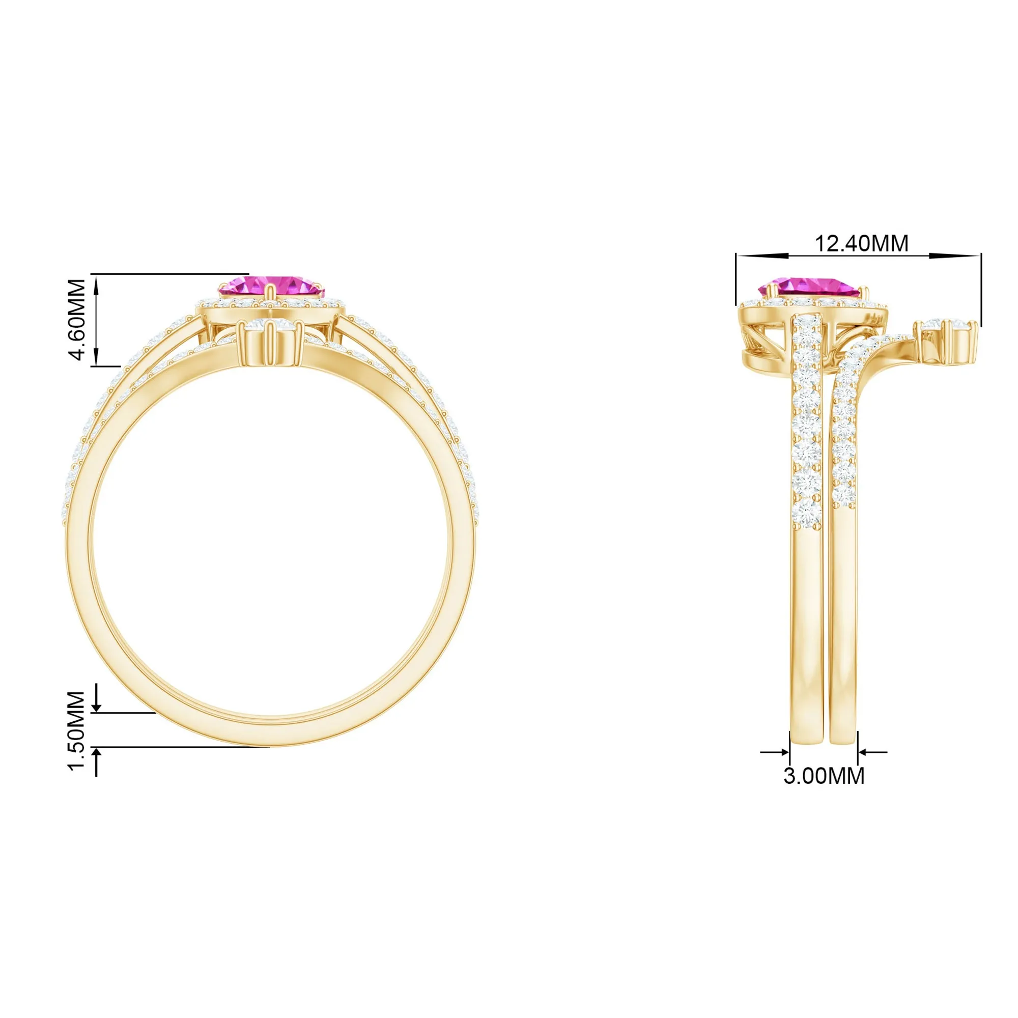 1.5 CT Heart Shape Created Pink Sapphire Ring Set with Diamond