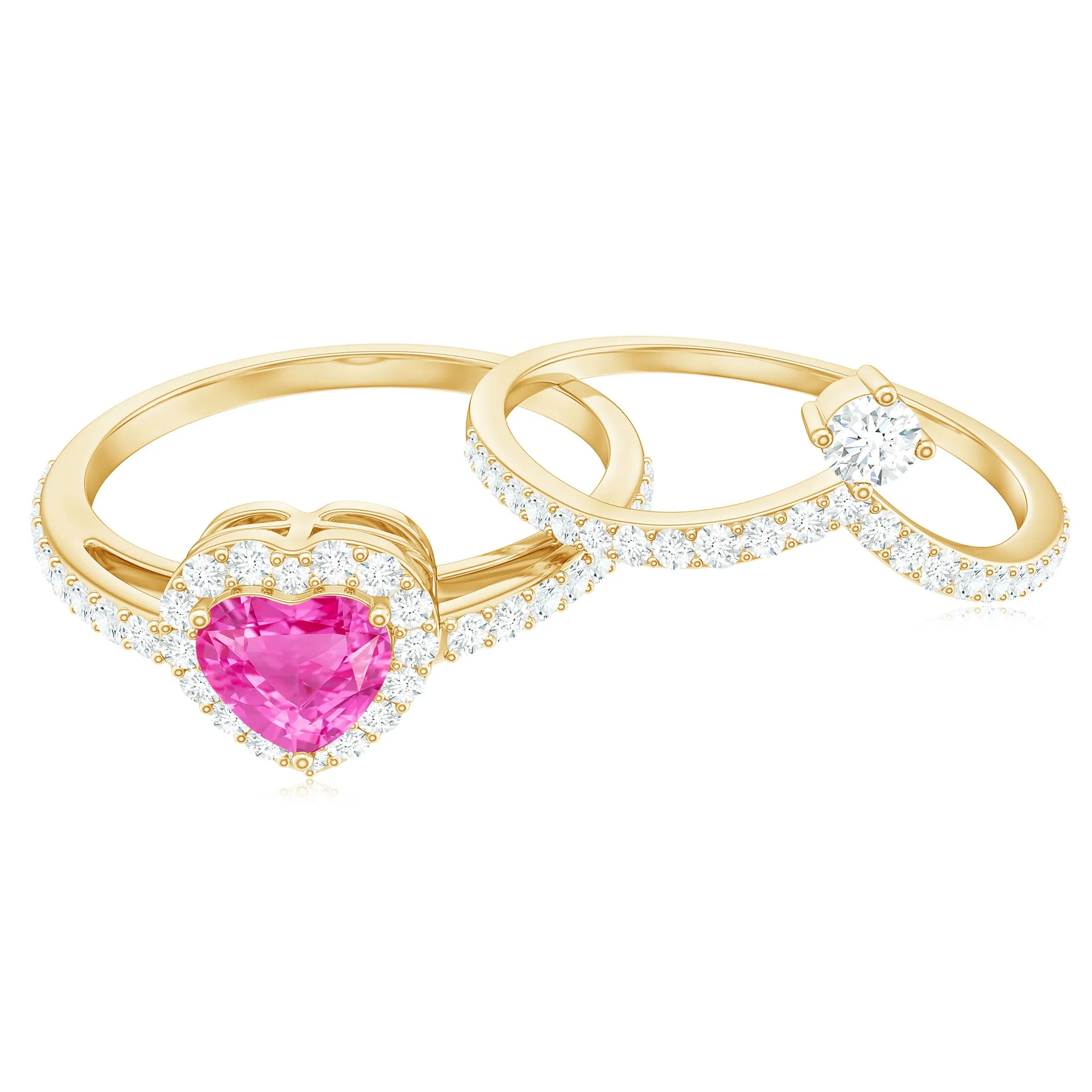 1.5 CT Heart Shape Created Pink Sapphire Ring Set with Diamond