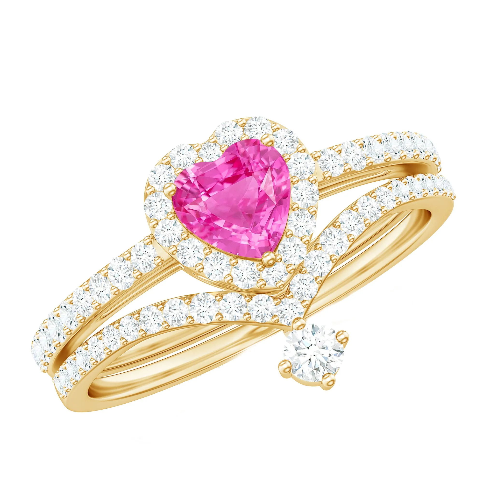 1.5 CT Heart Shape Created Pink Sapphire Ring Set with Diamond