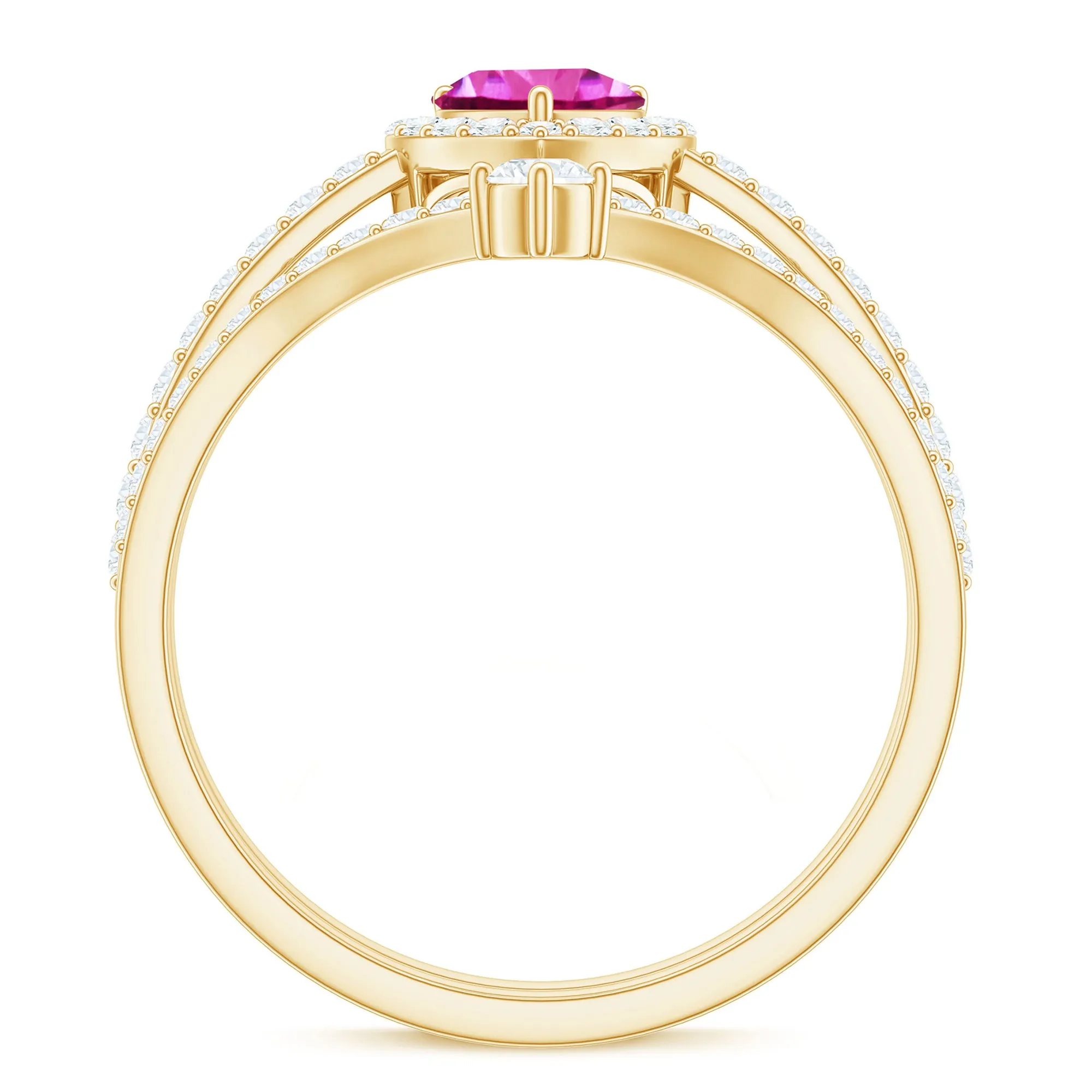 1.5 CT Heart Shape Created Pink Sapphire Ring Set with Diamond