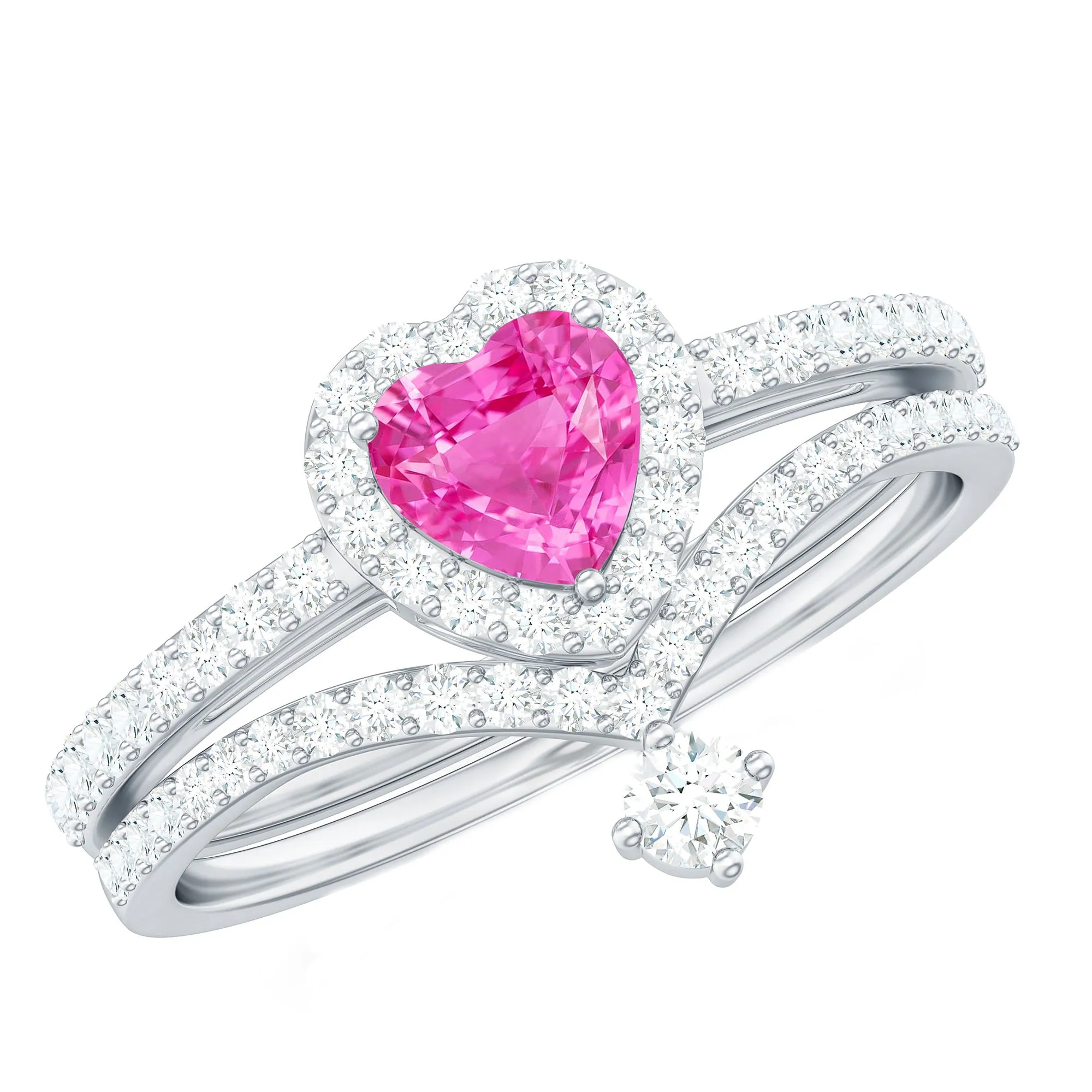 1.5 CT Heart Shape Created Pink Sapphire Ring Set with Diamond