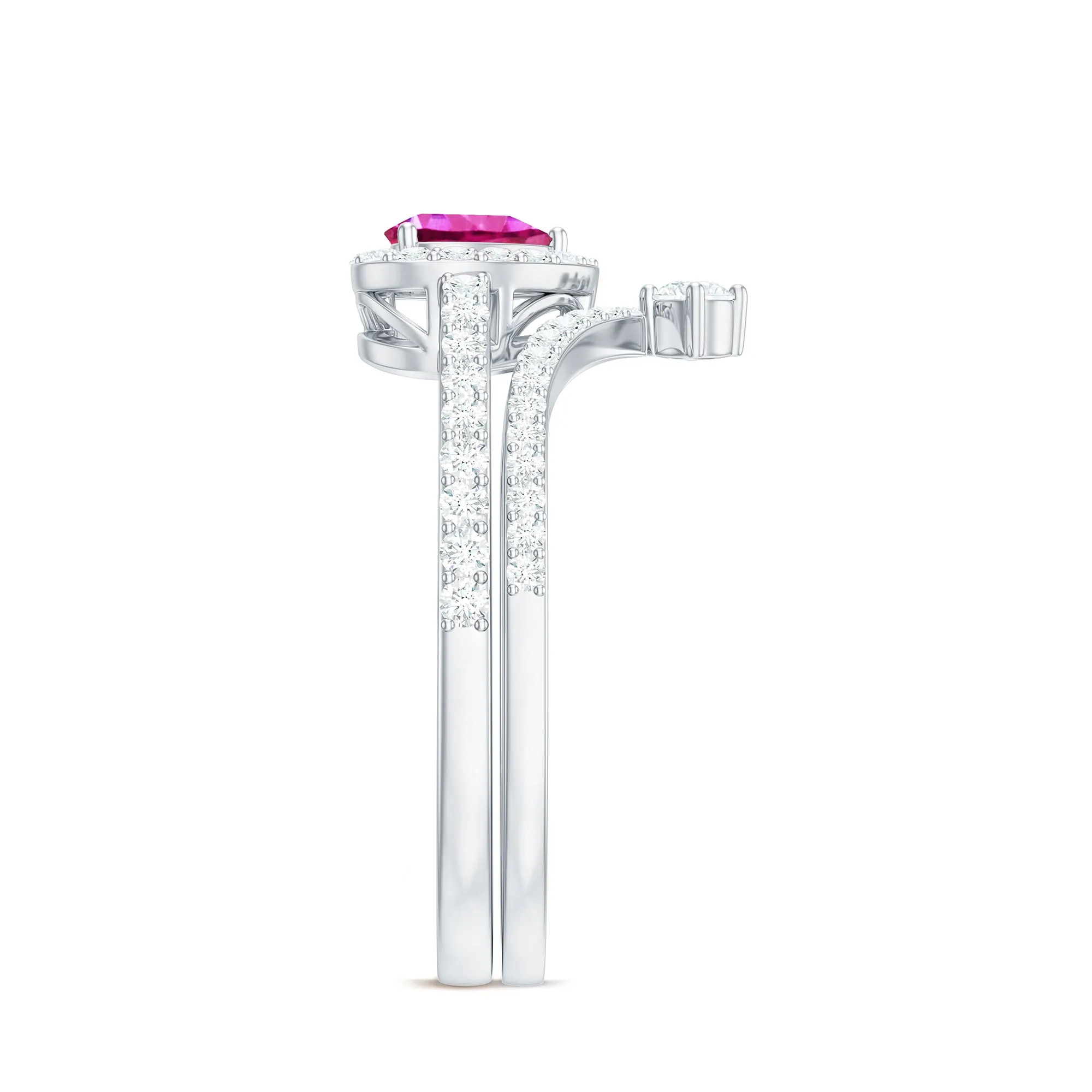 1.5 CT Heart Shape Created Pink Sapphire Ring Set with Diamond