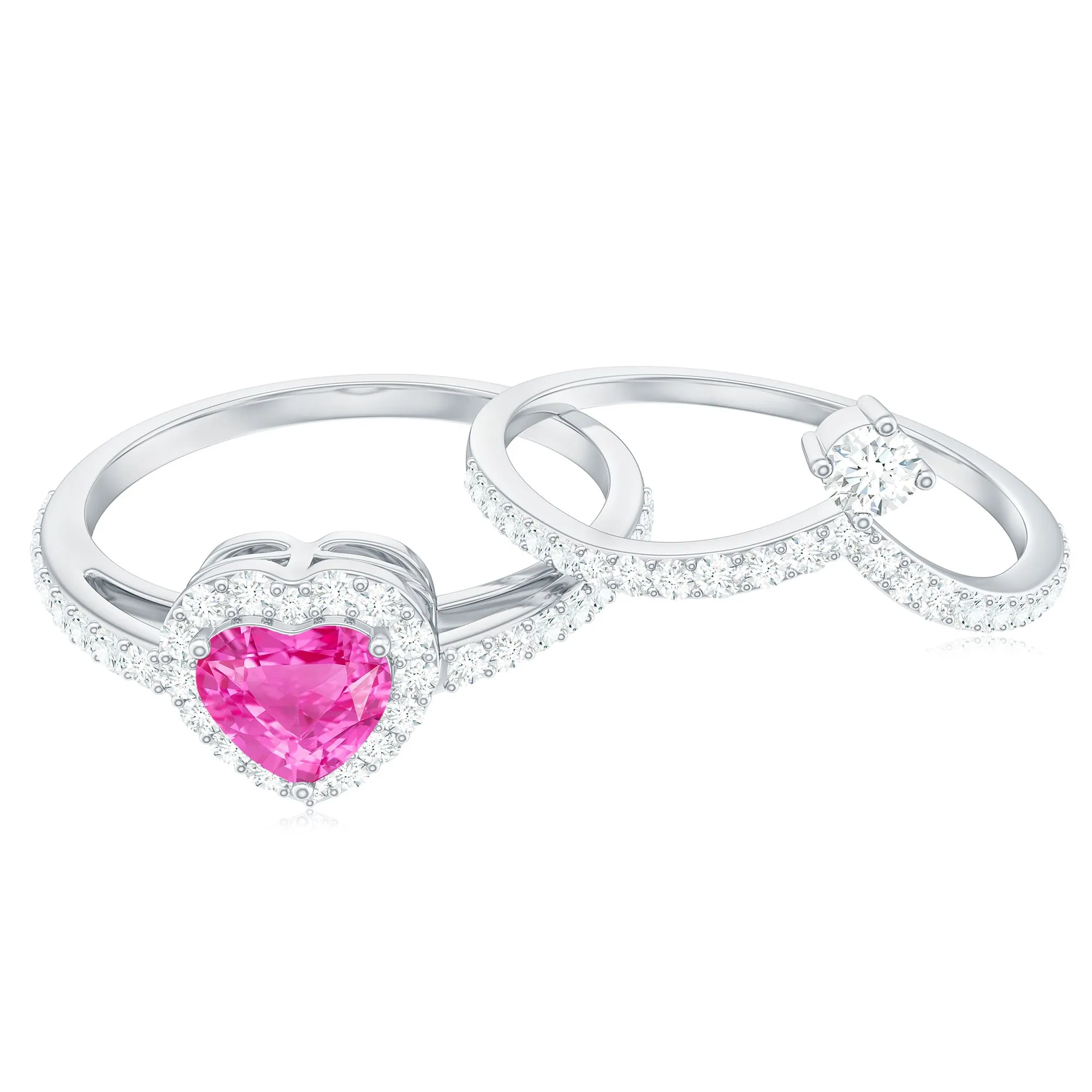 1.5 CT Heart Shape Created Pink Sapphire Ring Set with Diamond