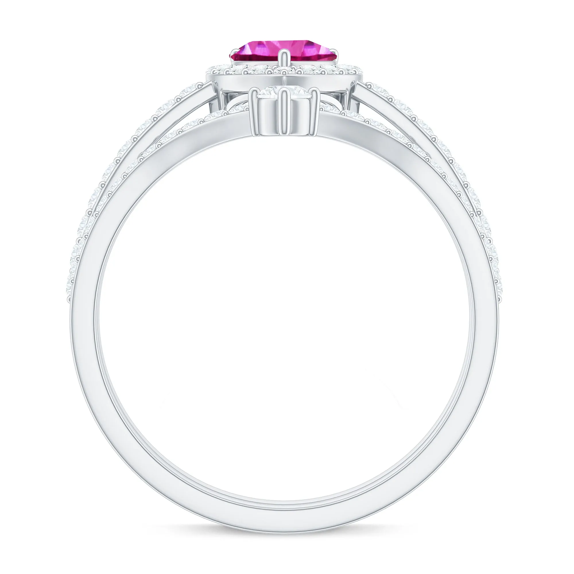 1.5 CT Heart Shape Created Pink Sapphire Ring Set with Diamond