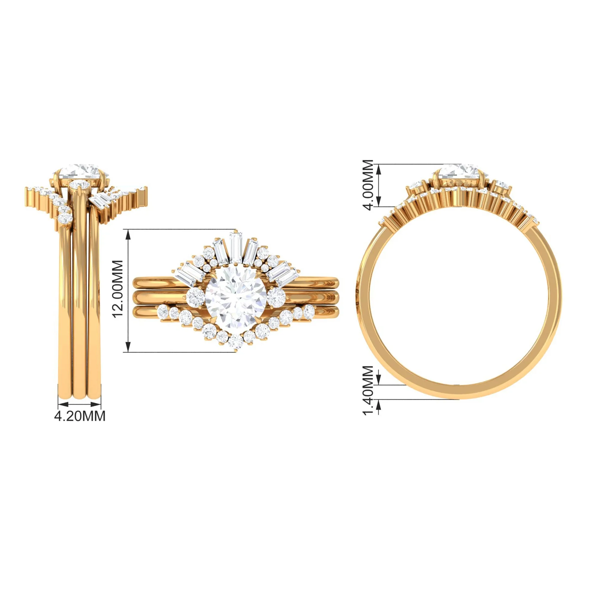 1.75 CT Designer Moissanite Bridal Three Ring Set in Gold