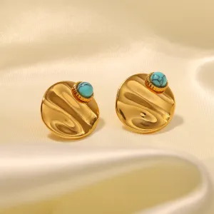 18K Gold Fashionable Exquisite Round Inlaid Lapis Lazuli Design Versatile Earrings