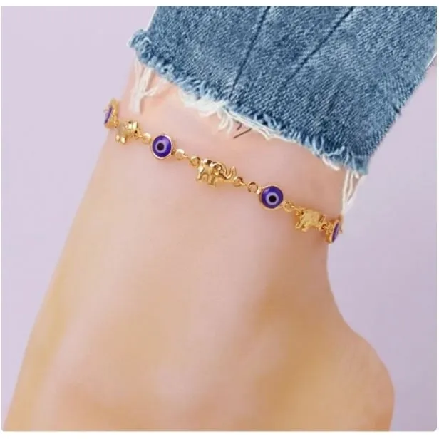 18K Gold Plated Elephant blue evil eye anklet