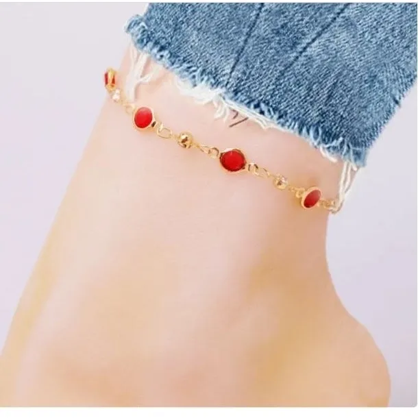 18K Gold Plated High Polish Finish Red Crystal Anklet