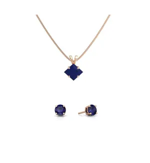 18K Rose Gold 1ct Blue Sapphire Princess Cut 18 Inch Necklace and Round Earrings Set Plated