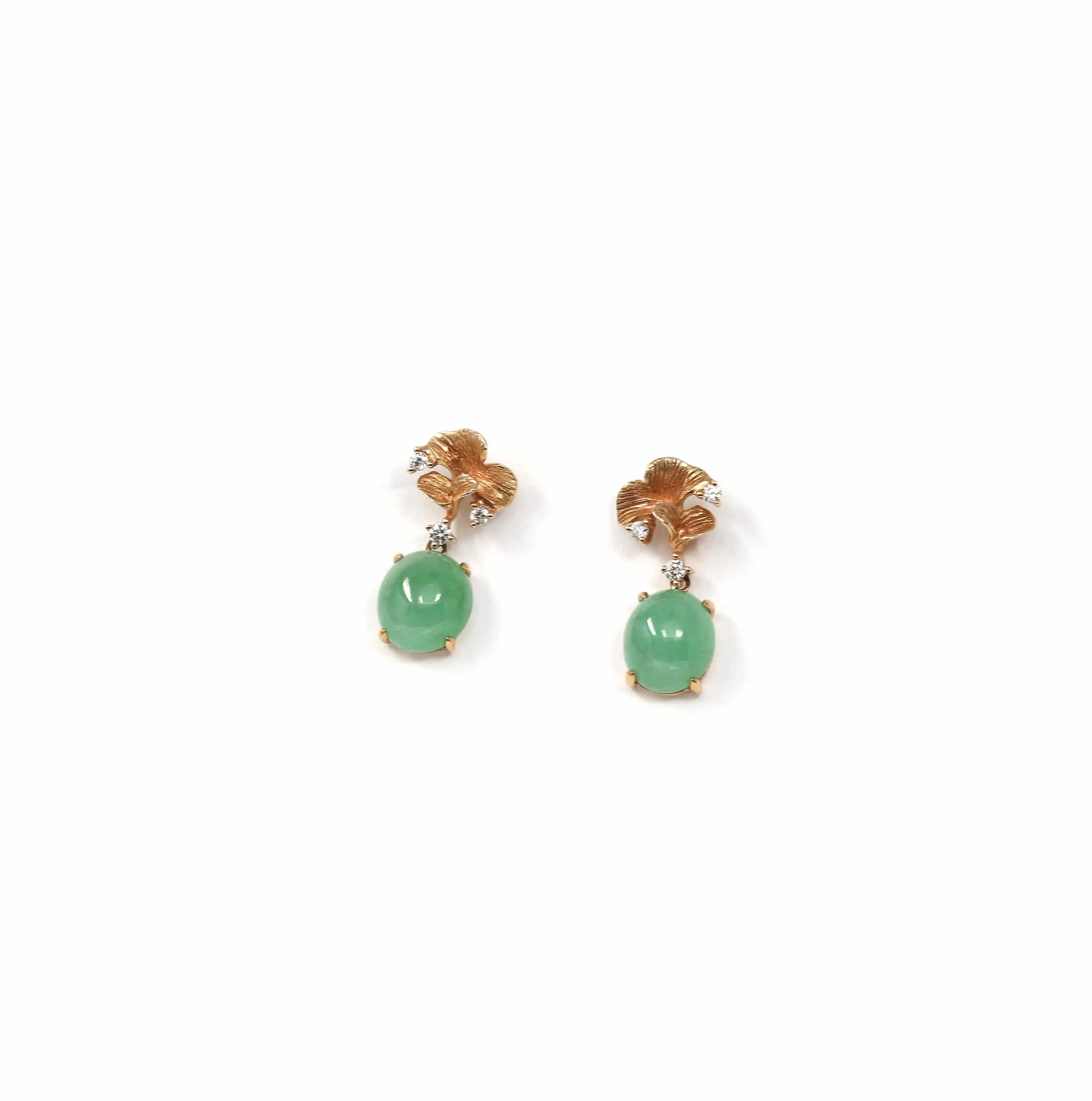 18K Rose Gold "Ginkgo Leaf" Green Jadeite Jade Dangle Stud Earrings