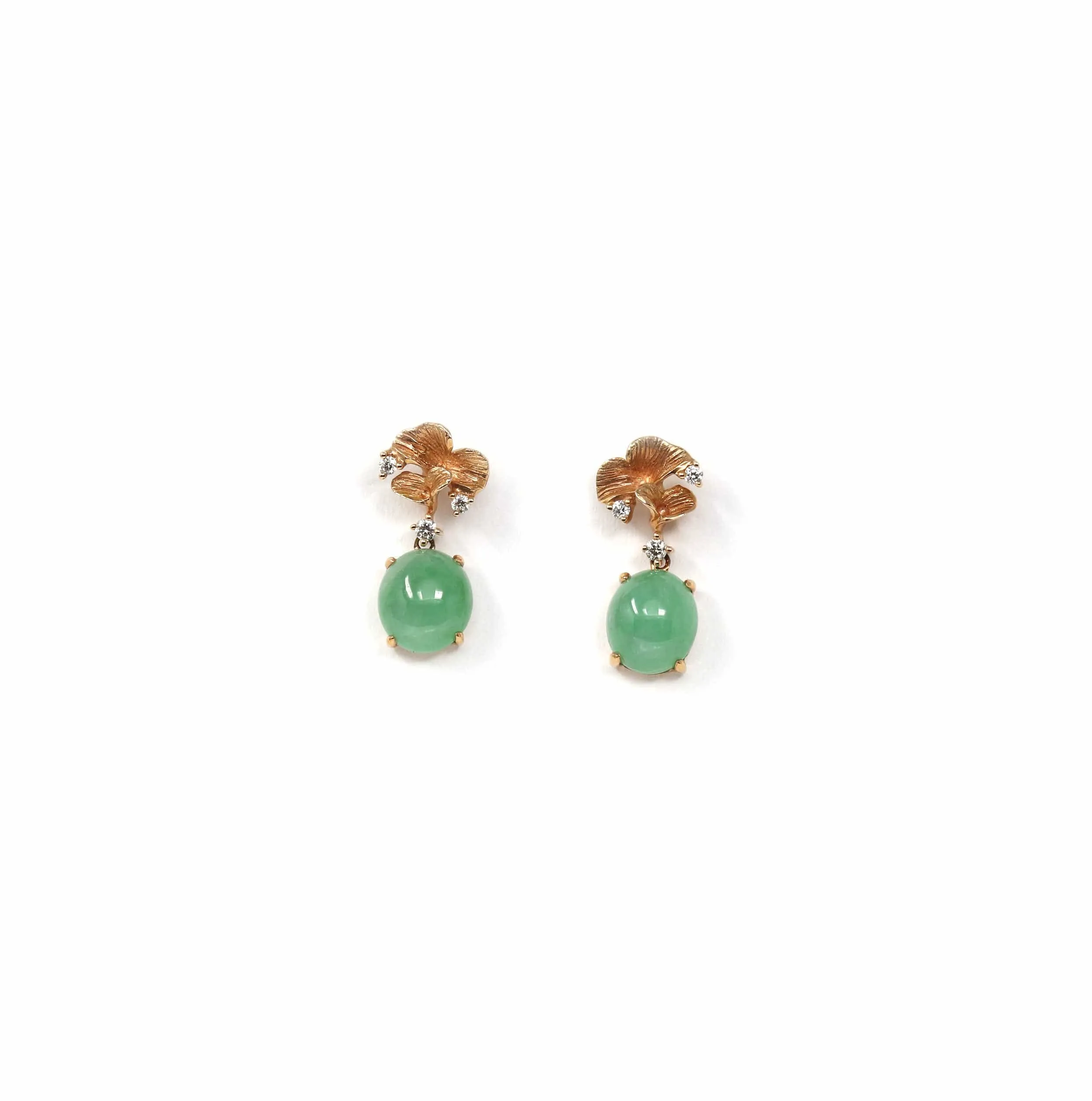18K Rose Gold "Ginkgo Leaf" Green Jadeite Jade Dangle Stud Earrings