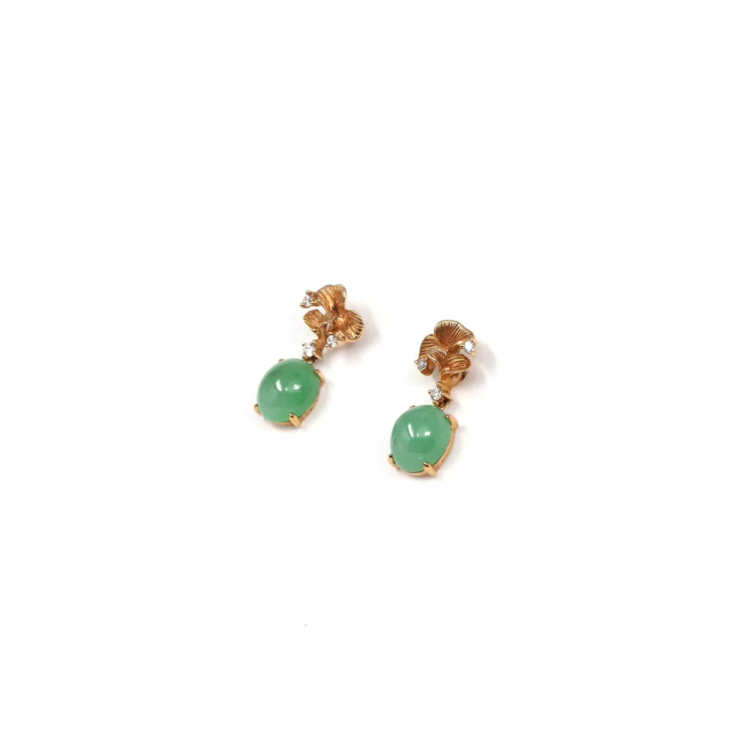18K Rose Gold "Ginkgo Leaf" Green Jadeite Jade Dangle Stud Earrings