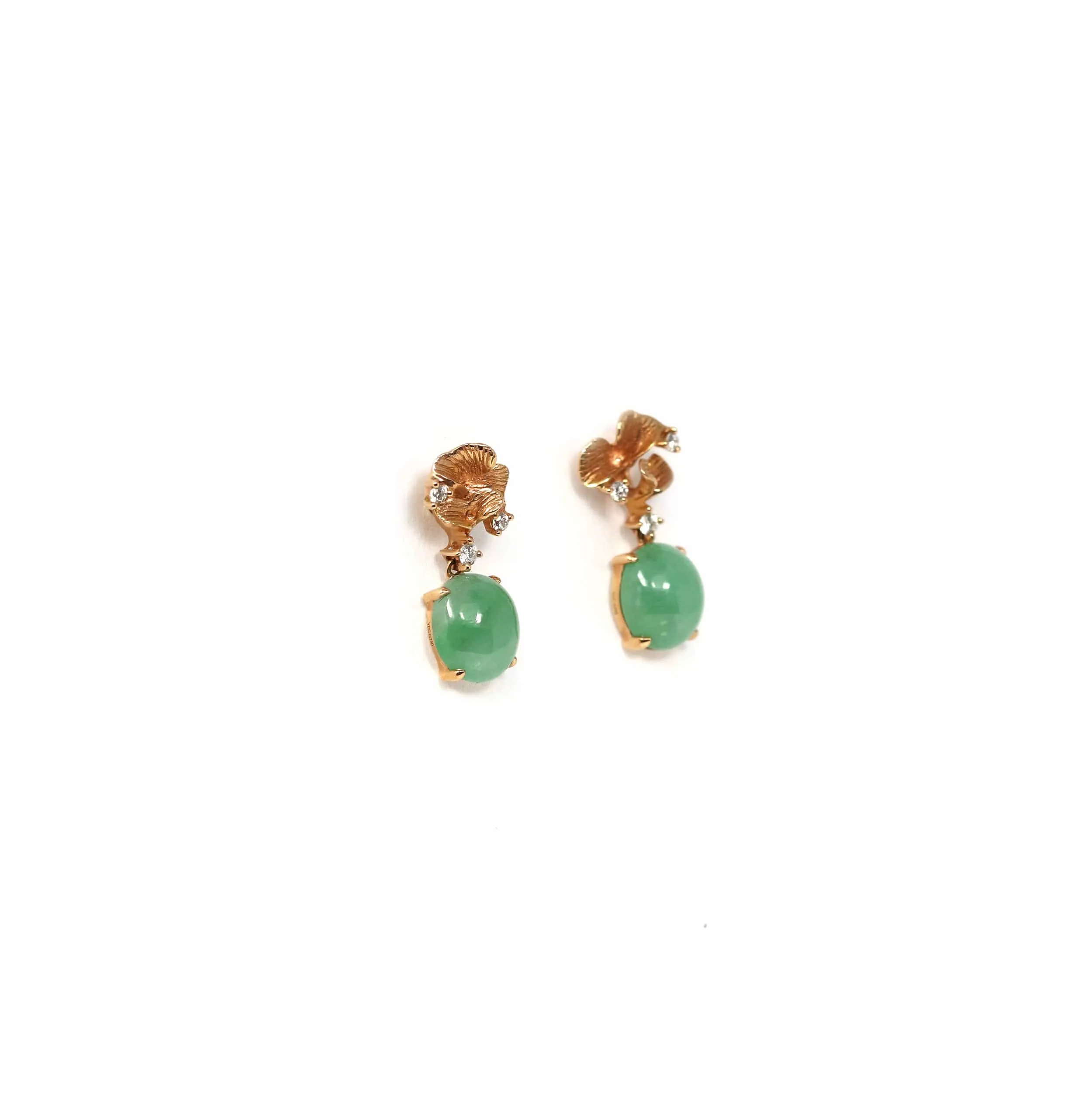 18K Rose Gold "Ginkgo Leaf" Green Jadeite Jade Dangle Stud Earrings