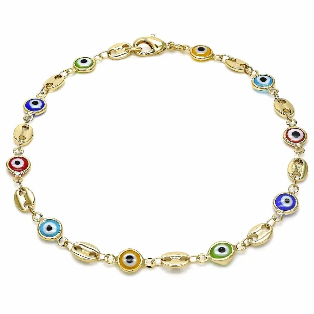 18K Womens Gold Filled High Polish Finsh Mariner Marina- Multi-Color Evil Eye Lobster Clasp Ankle Bracelet 10 Inch