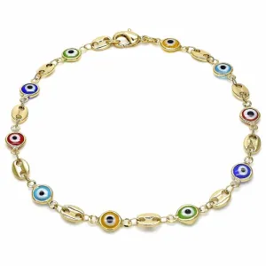 18K Womens Gold Filled High Polish Finsh Mariner Marina- Multi-Color Evil Eye Lobster Clasp Ankle Bracelet 10 Inch