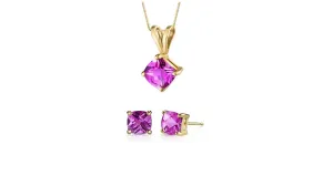 18K Yellow Gold 3ct Pink sapphire Square 18 Inch Necklace and Earrings Set Plated