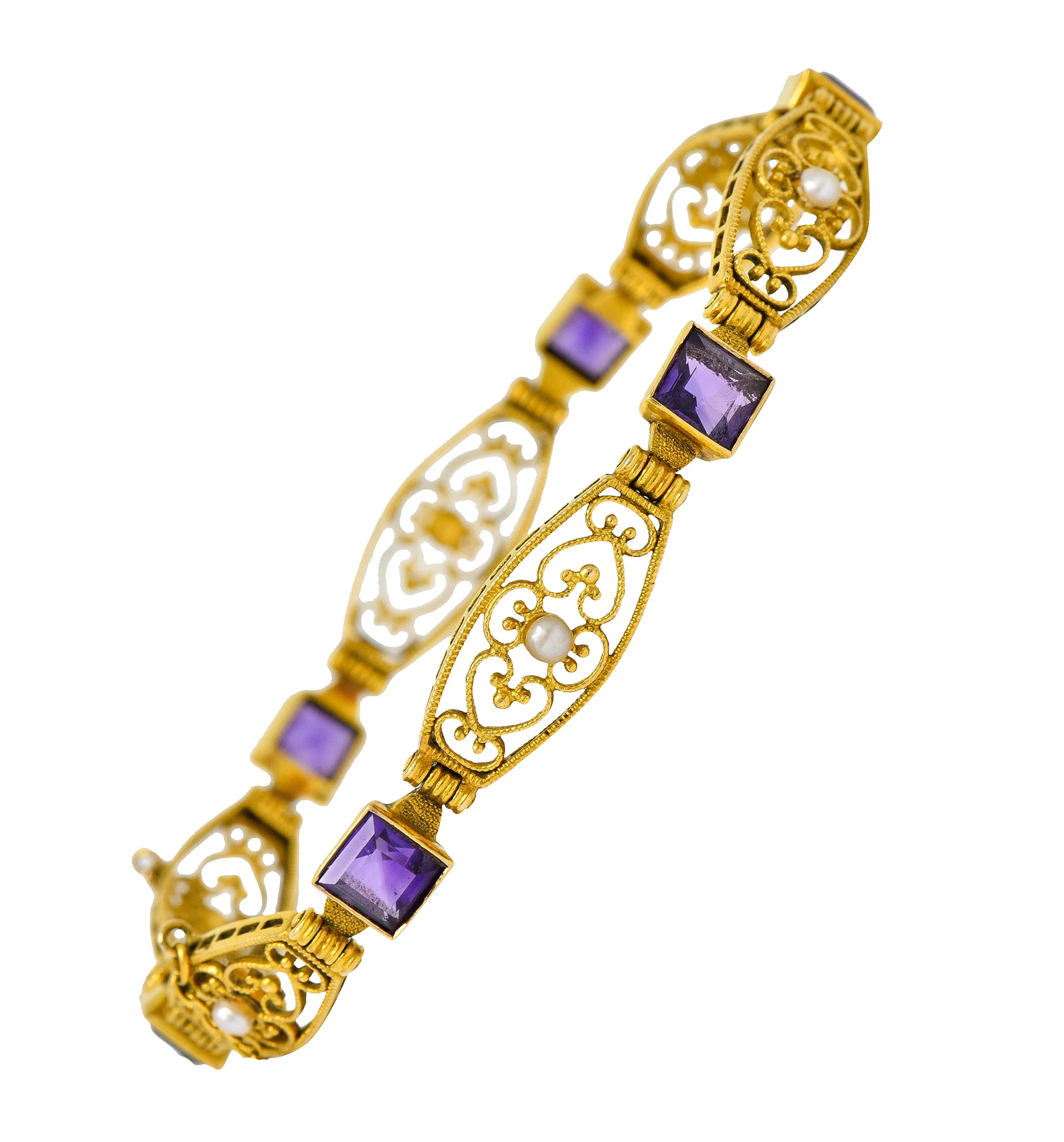 1905 Art Nouveau Amethyst Pearl 14 Karat Gold Link Bracelet