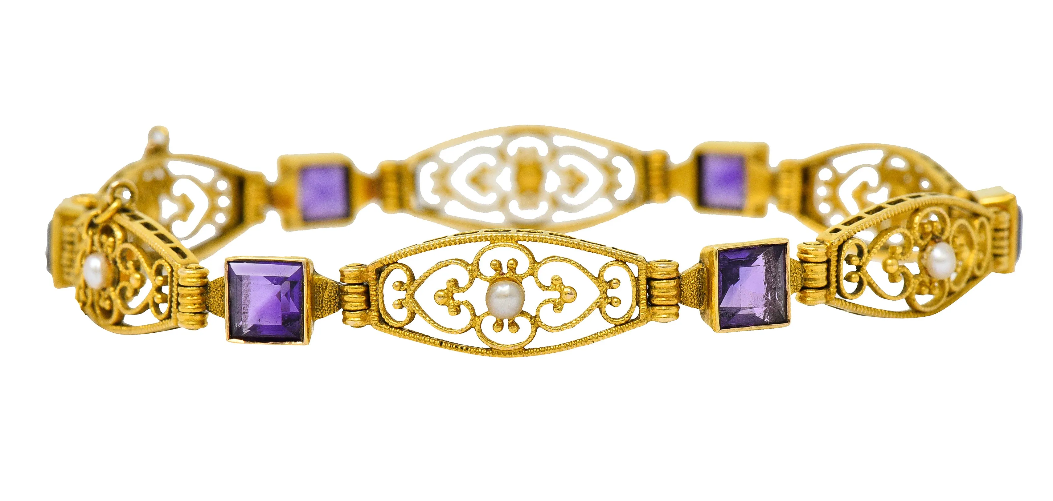 1905 Art Nouveau Amethyst Pearl 14 Karat Gold Link Bracelet