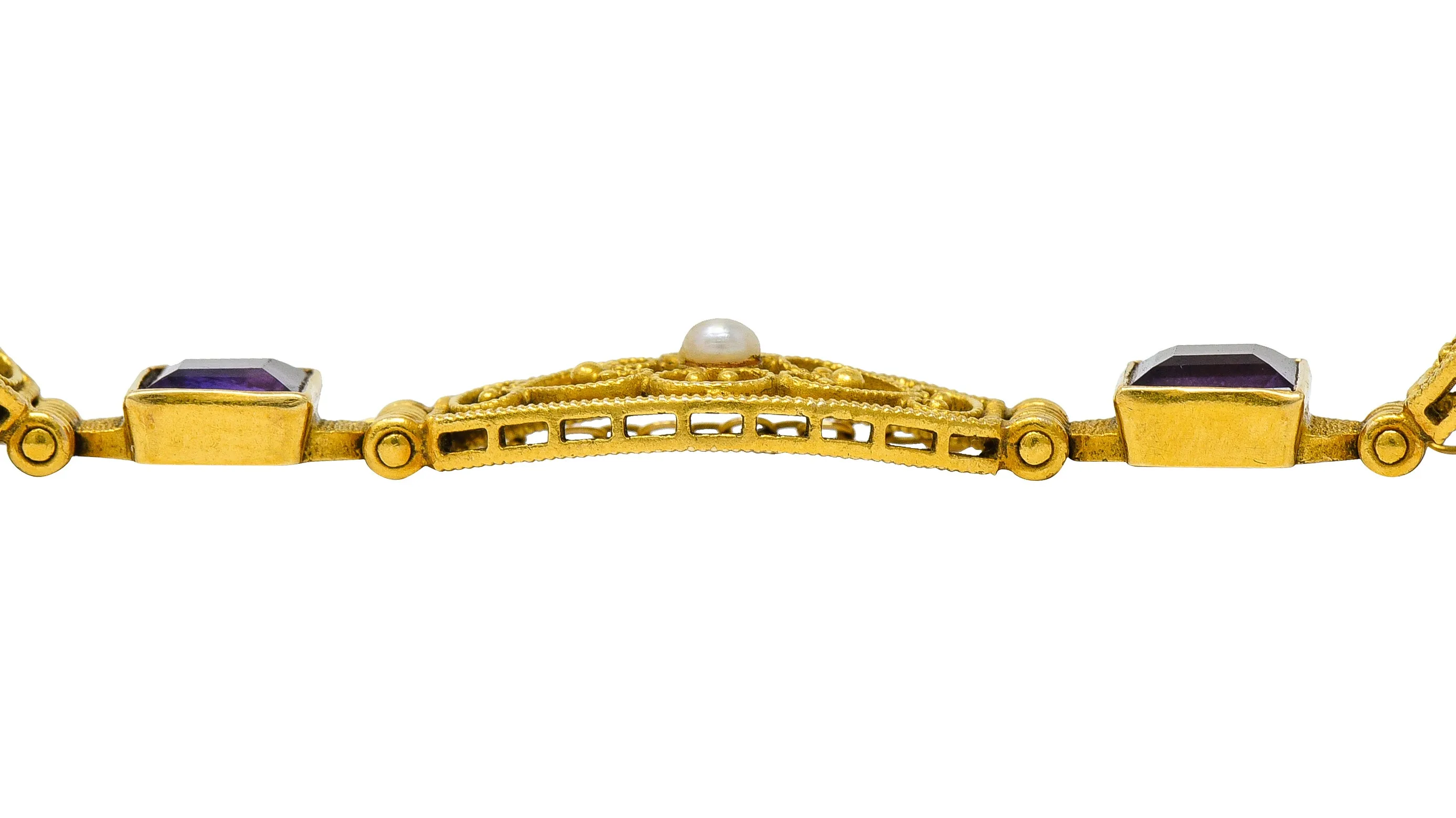 1905 Art Nouveau Amethyst Pearl 14 Karat Gold Link Bracelet